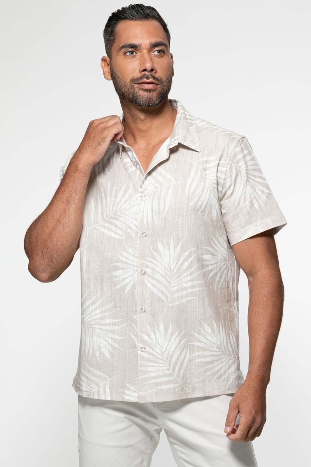 Camisa Guess Manga Curta Linho Palm Tree Branco