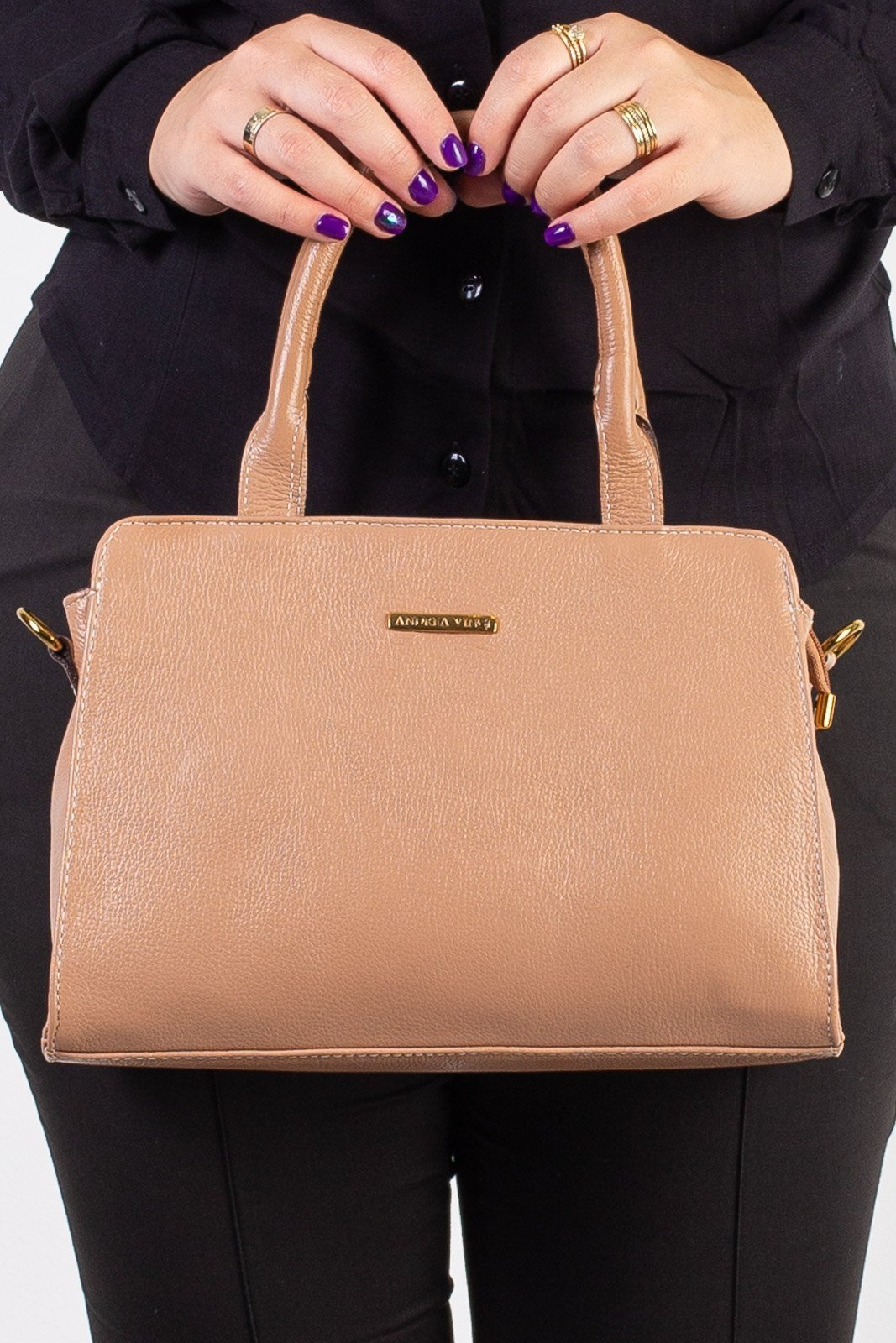 Bolsa de couro liso estruturada Emili - Bege