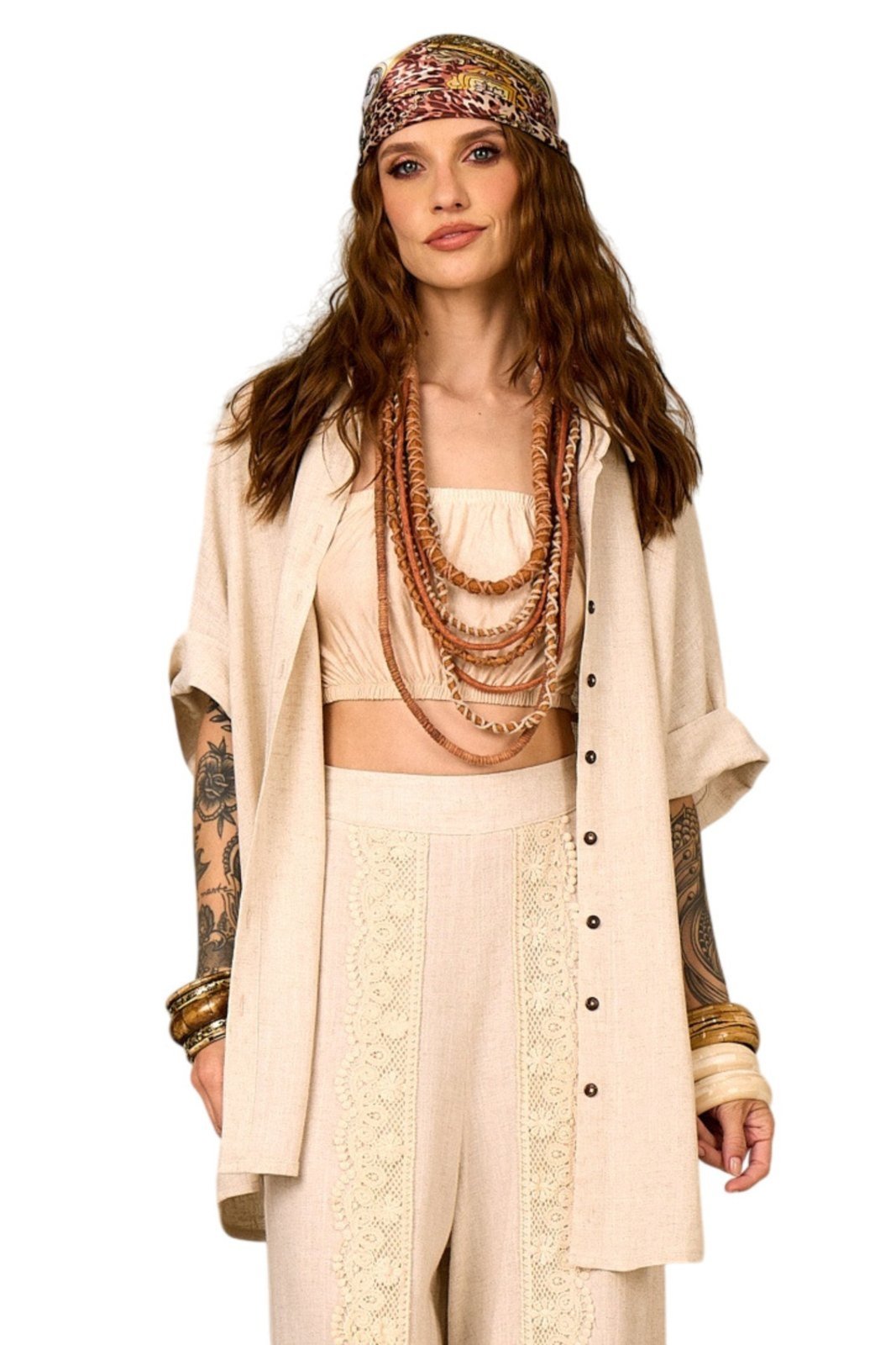 Camisa De Linho Com Mangas 3/4 Bege Nature Yacamim a28 – Cru