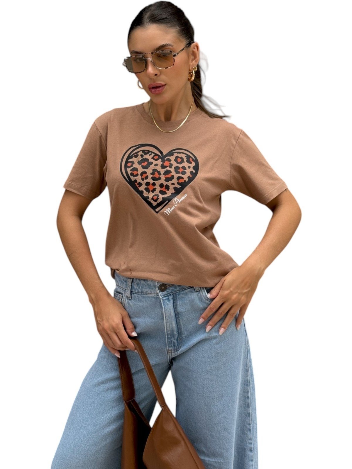 Camiseta Cianitas Marrom Estampa Coração Animal Print