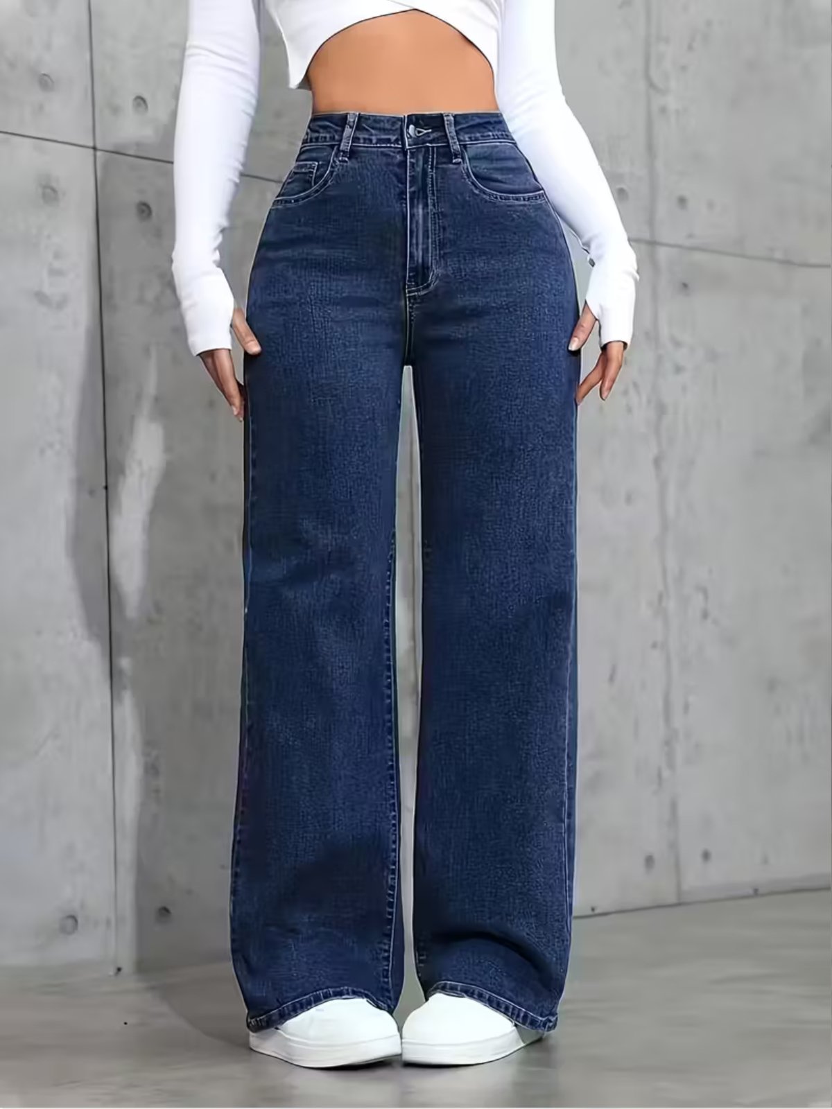 Calça Wide Leg Feminina Kovali Fashion Store Confortavel e Básica Tecido Premium Azul Escura