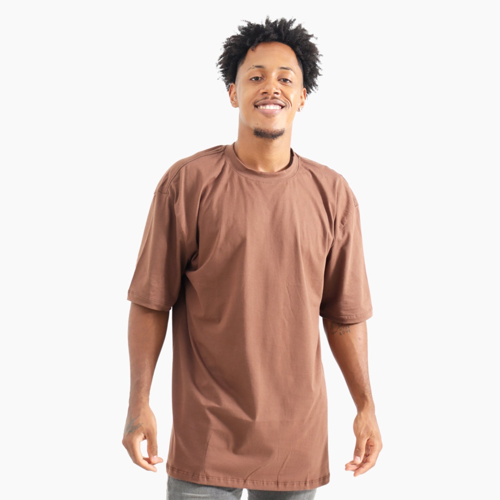 Camiseta Oversized Masculina Lisa Premium Algodão Gola Alta Marrom