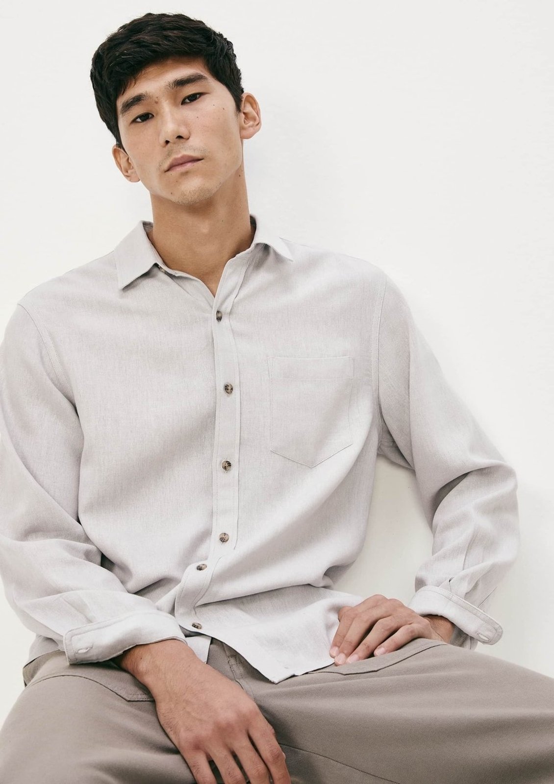 Camisa Básica Masculina Manga Longa Slim Em Linho - Cinza XXG