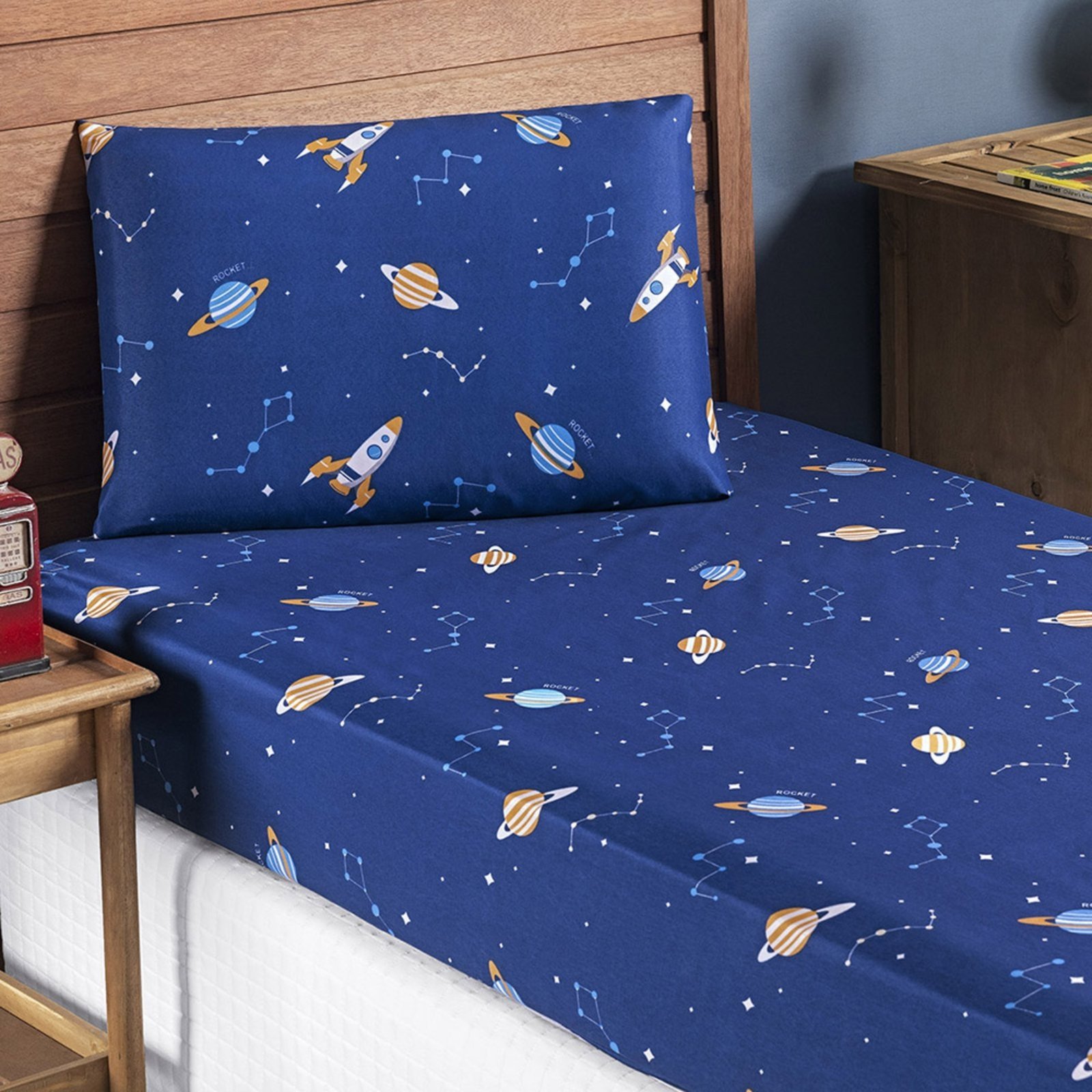 Jogo Cama Lençol Casa Scarpa Fantasy Solteiro Cama Quarto Microfibra 2 Peças Galáxia Espaço Azul