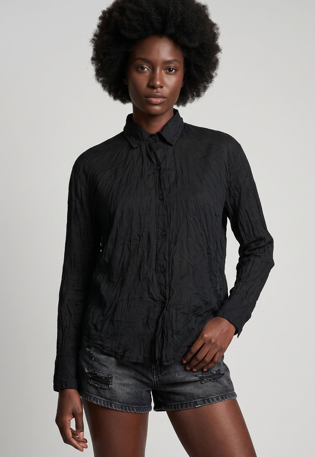 Camisa Feminina Cantão Voil Classica Texturizada Preta
