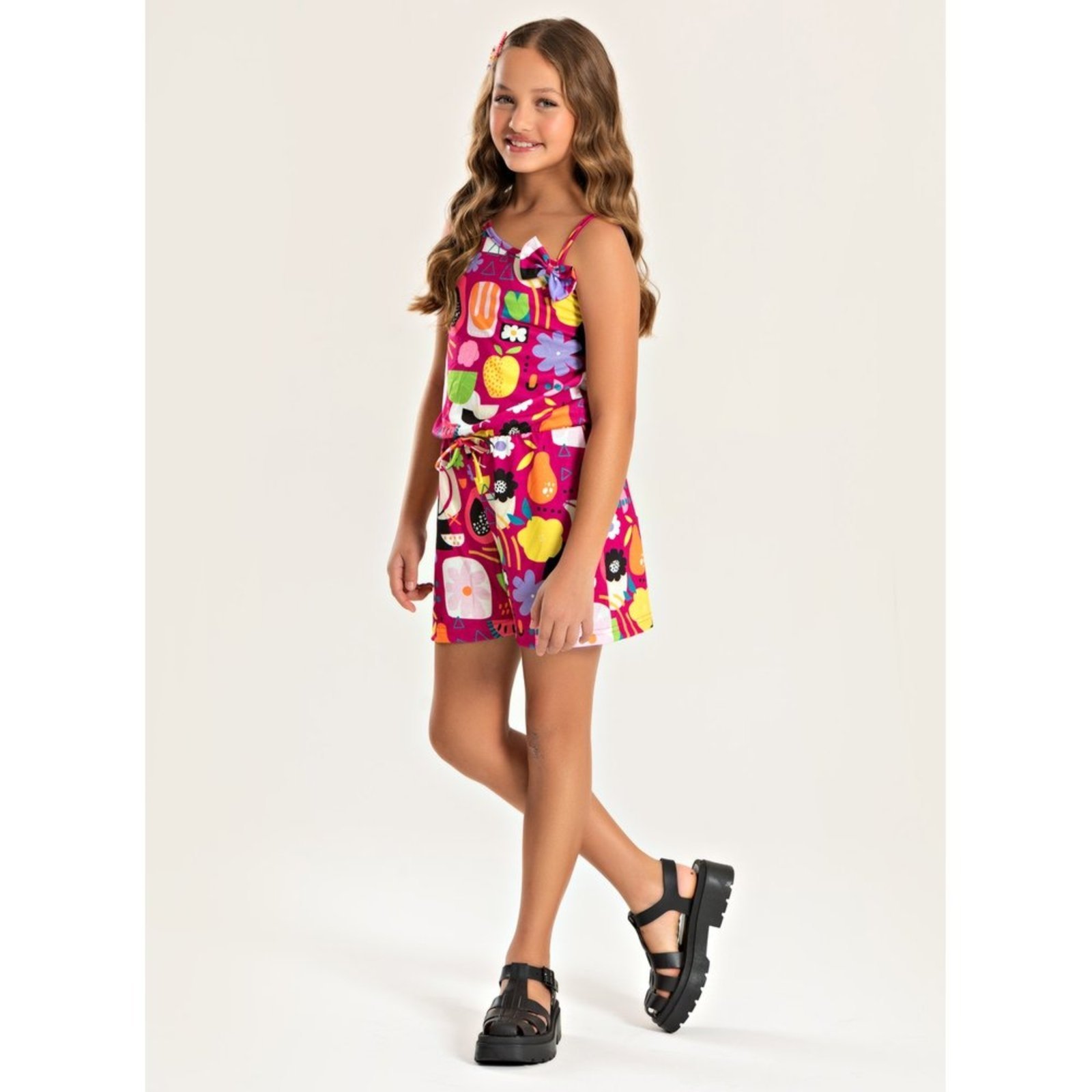 Infantil – Macaquinho Verão Menina Pink Com Laço Aplicado Frutinhas Tropicais