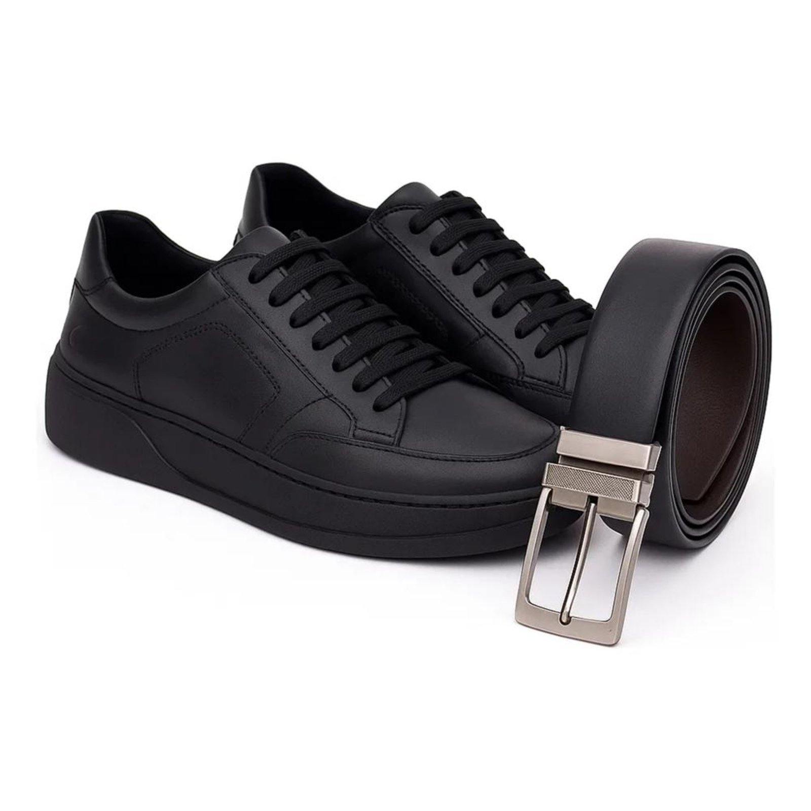 Kit Tênis Casual Ferrara Couro + Cinto All Black