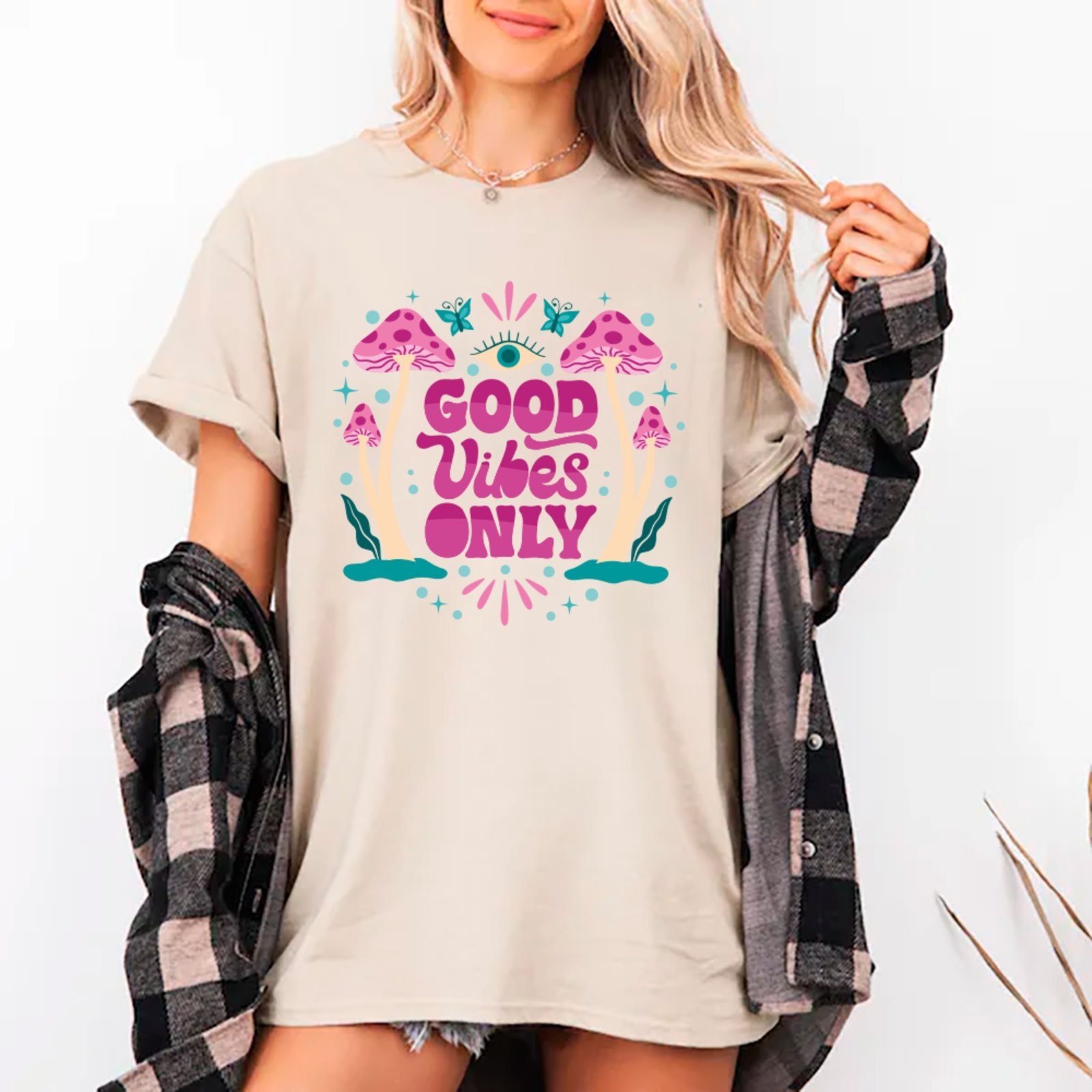 Camiseta Ousy Good Vibes Only Oversized Unissex Off White