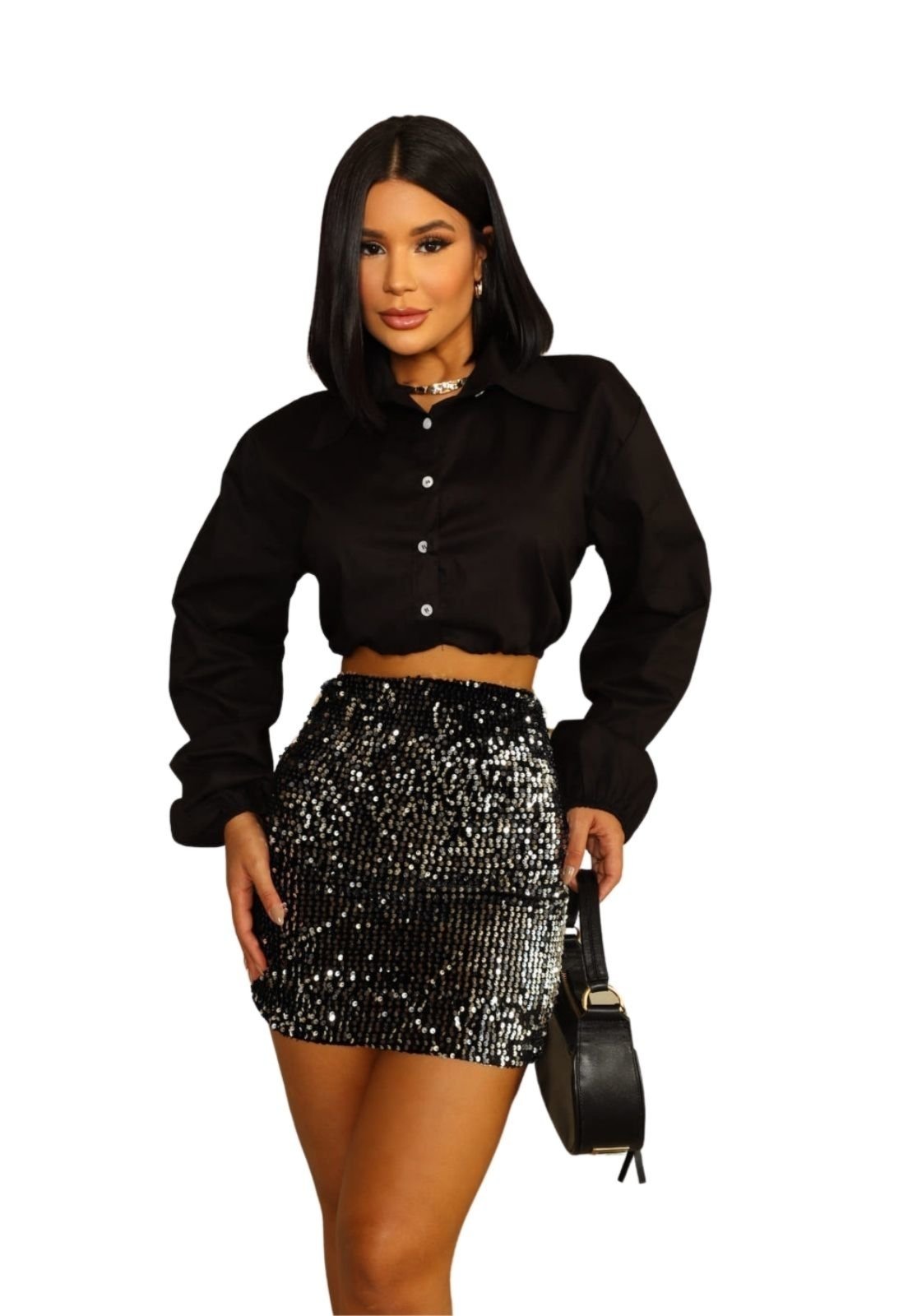 Camisa Cropped Tricoline Manga Longa Com Botões Oyare Preto