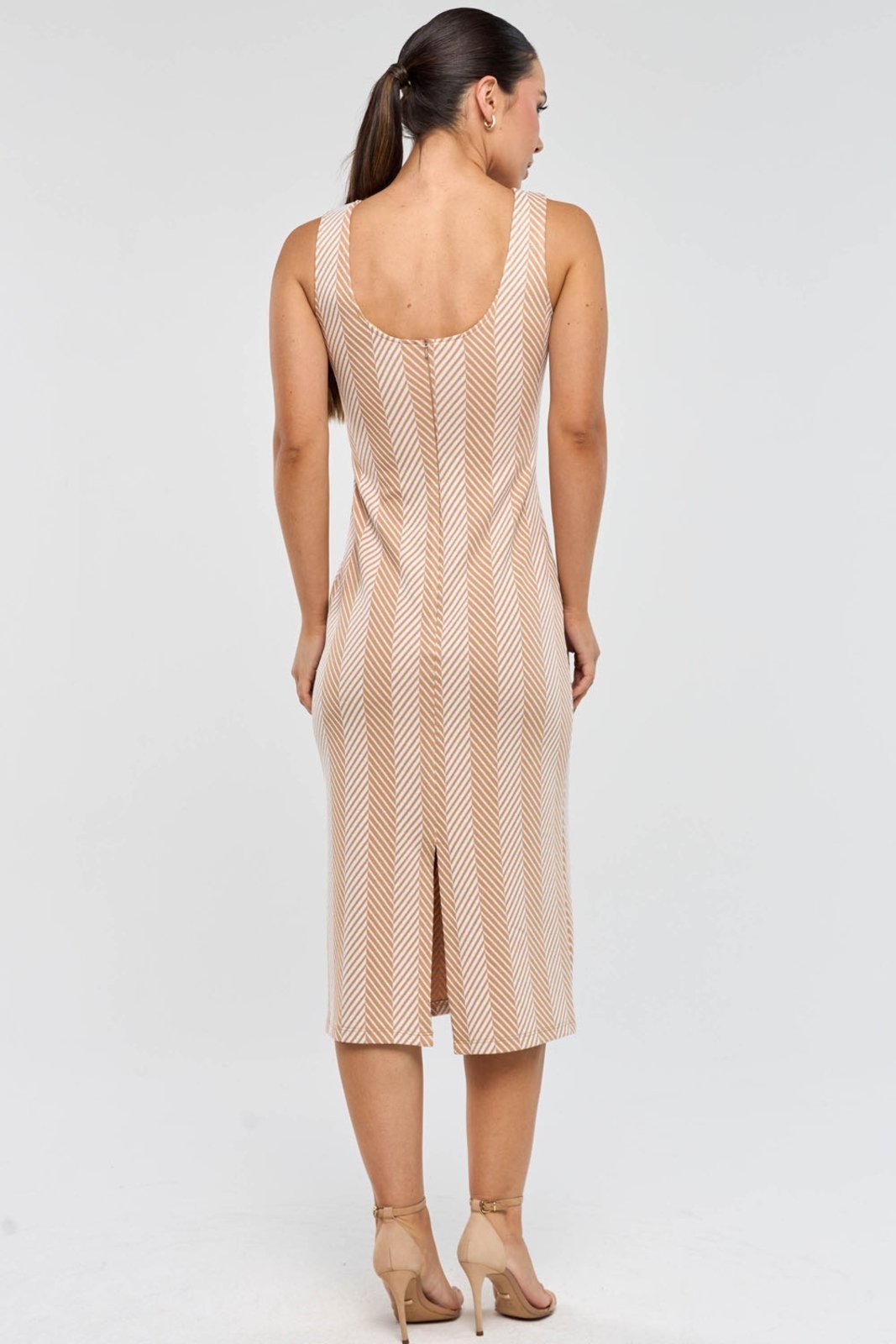 Vestido Midi PKS Jacquard Listras Bege