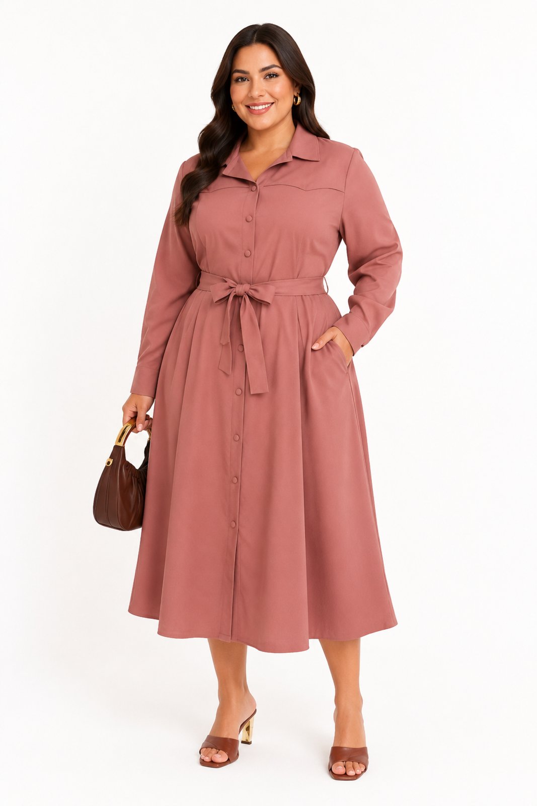 Vestido Midi D Bell Outlet Fashion Chemise Plus Botões Rosa Queimado