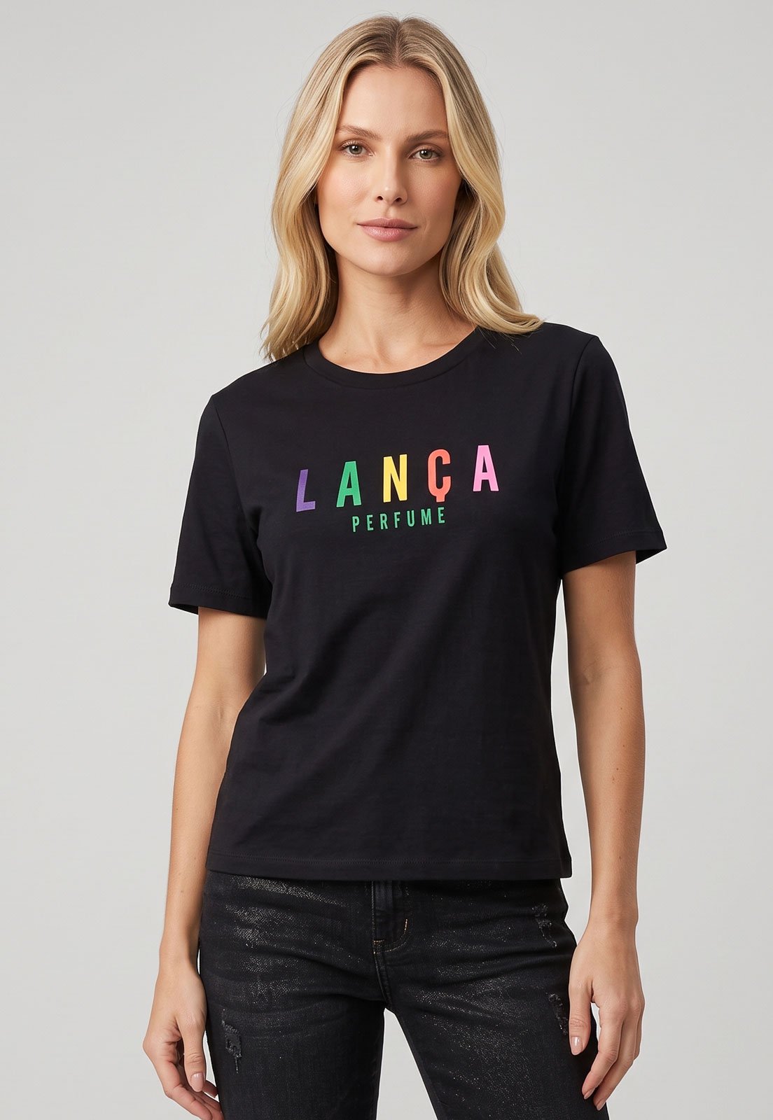 Camiseta Feminina Lança Perfume Estampa Frontal Colorida Preta