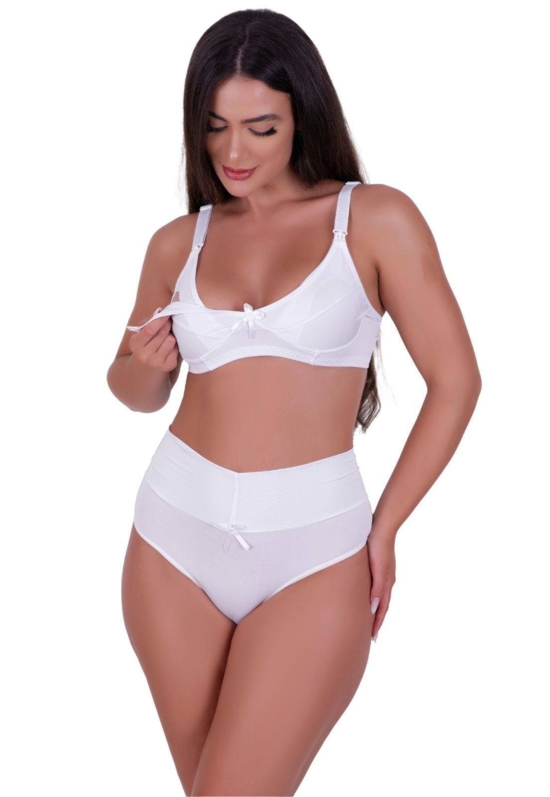 Conjunto de Pós Parto Sutiã com Clique de Amamentação Terra e Mar Calcinha Cós Alto Jolie Branco