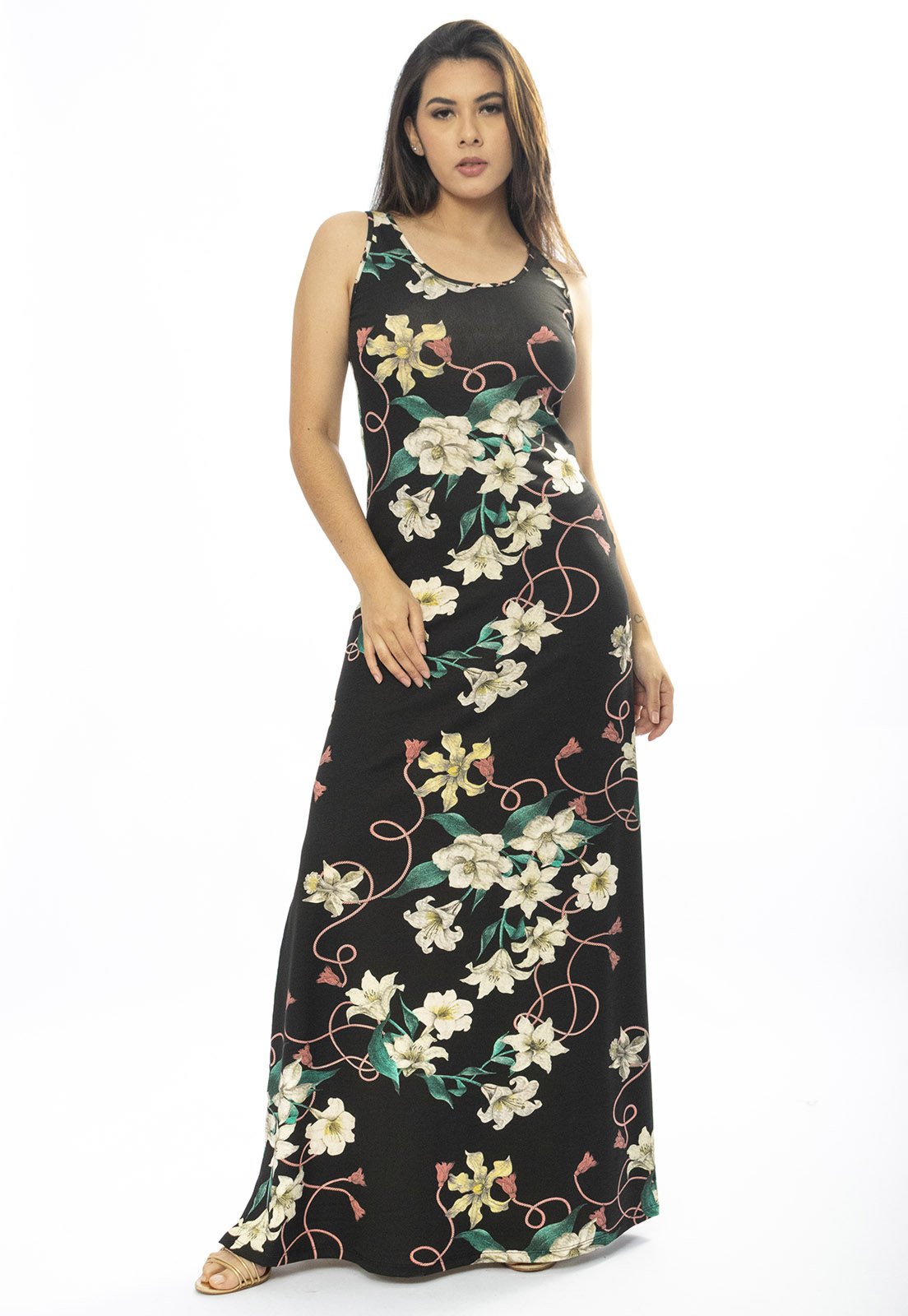 Vestido Longo Cabanafree Butiá Malha Regata Estampa Flores Ébano