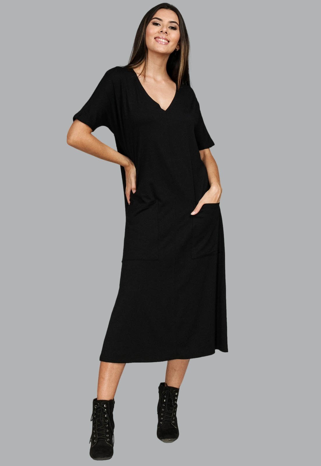 Vista 3 Vestido Midi Reto Malha com Bolso na Frente Amazonia Vital preto preto