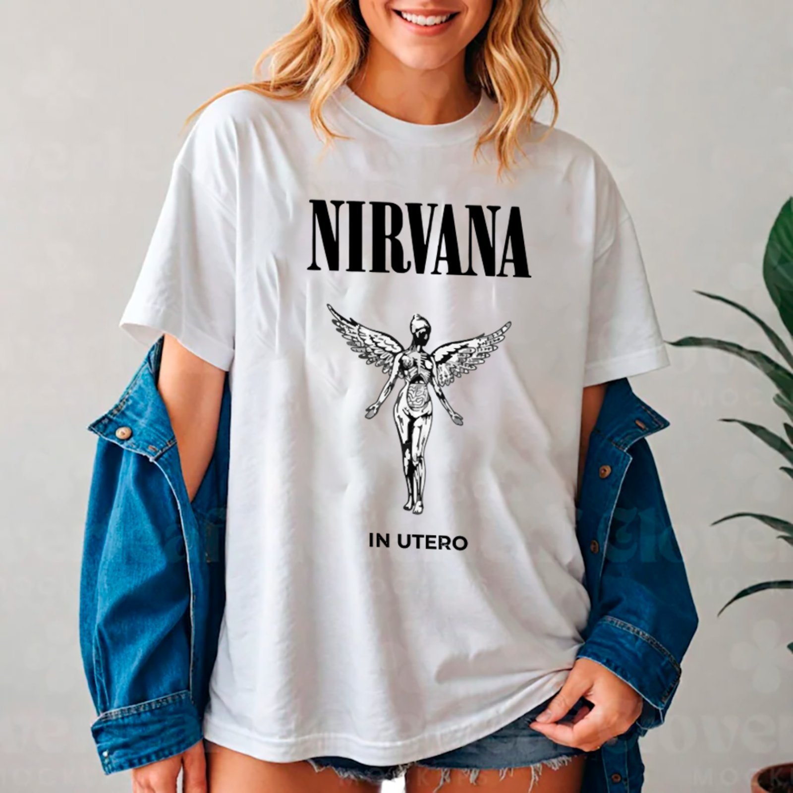 Camiseta Ousy Oversized In Utero Angel Nirvana Rock Unissex Branco