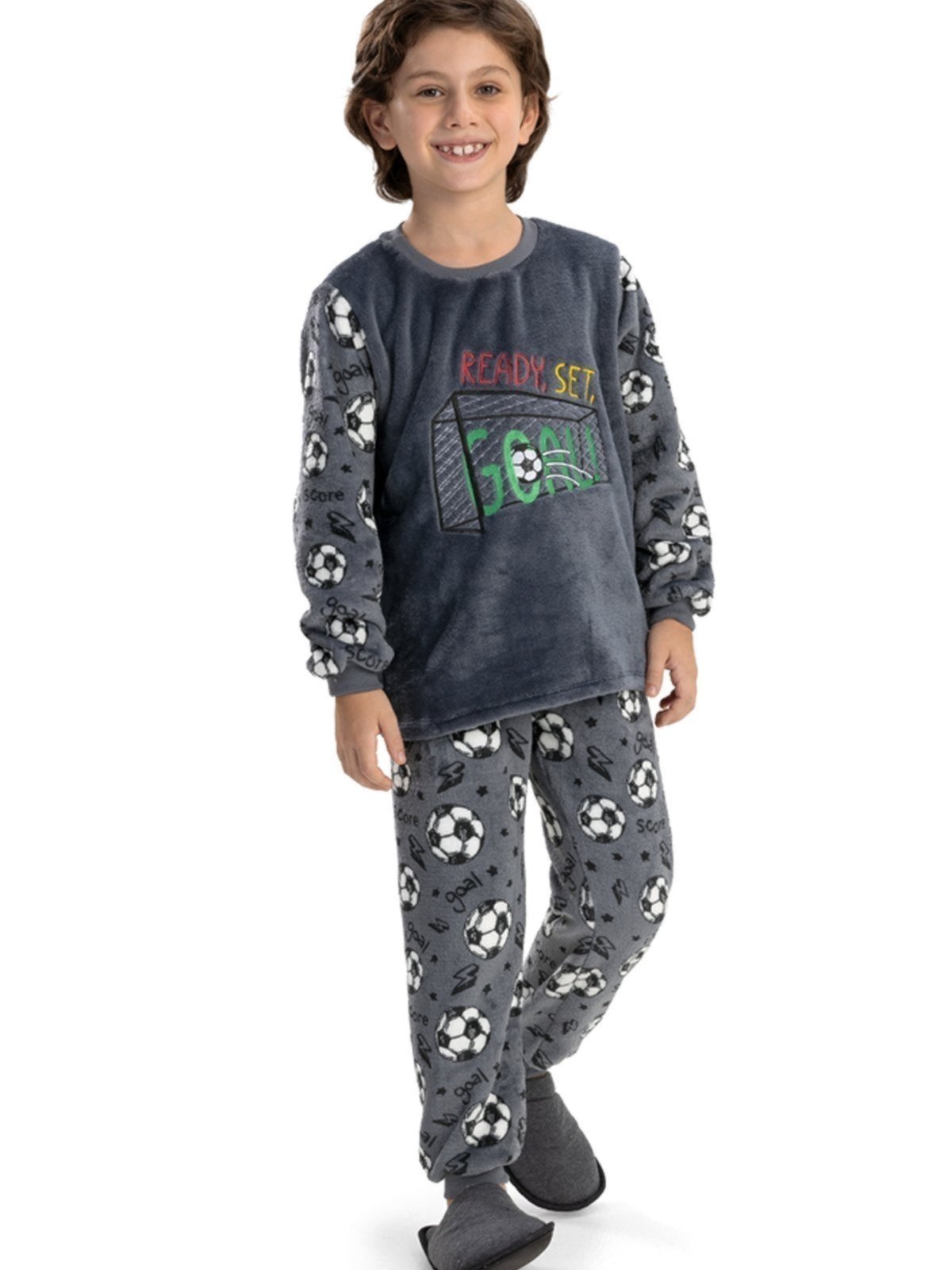 Vista 2 Pijama de Inverno Comprido Menino em Soft Fleece com Punho - Futebol Goal Magicamente Kids cinza Magicamente Kids cinza