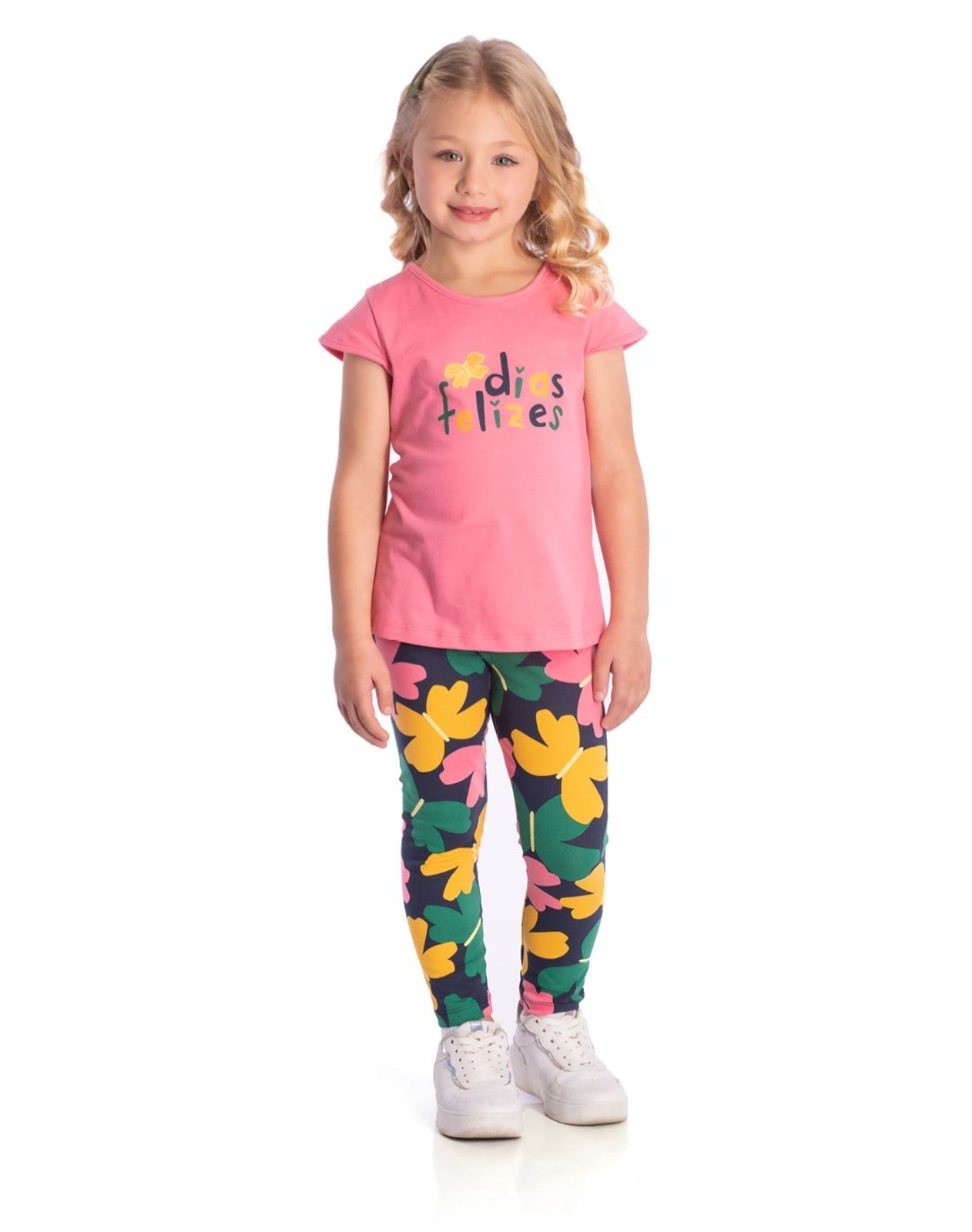 Infantil - Conj. blusa manga curta rosa + calça legging borboletas coloridas