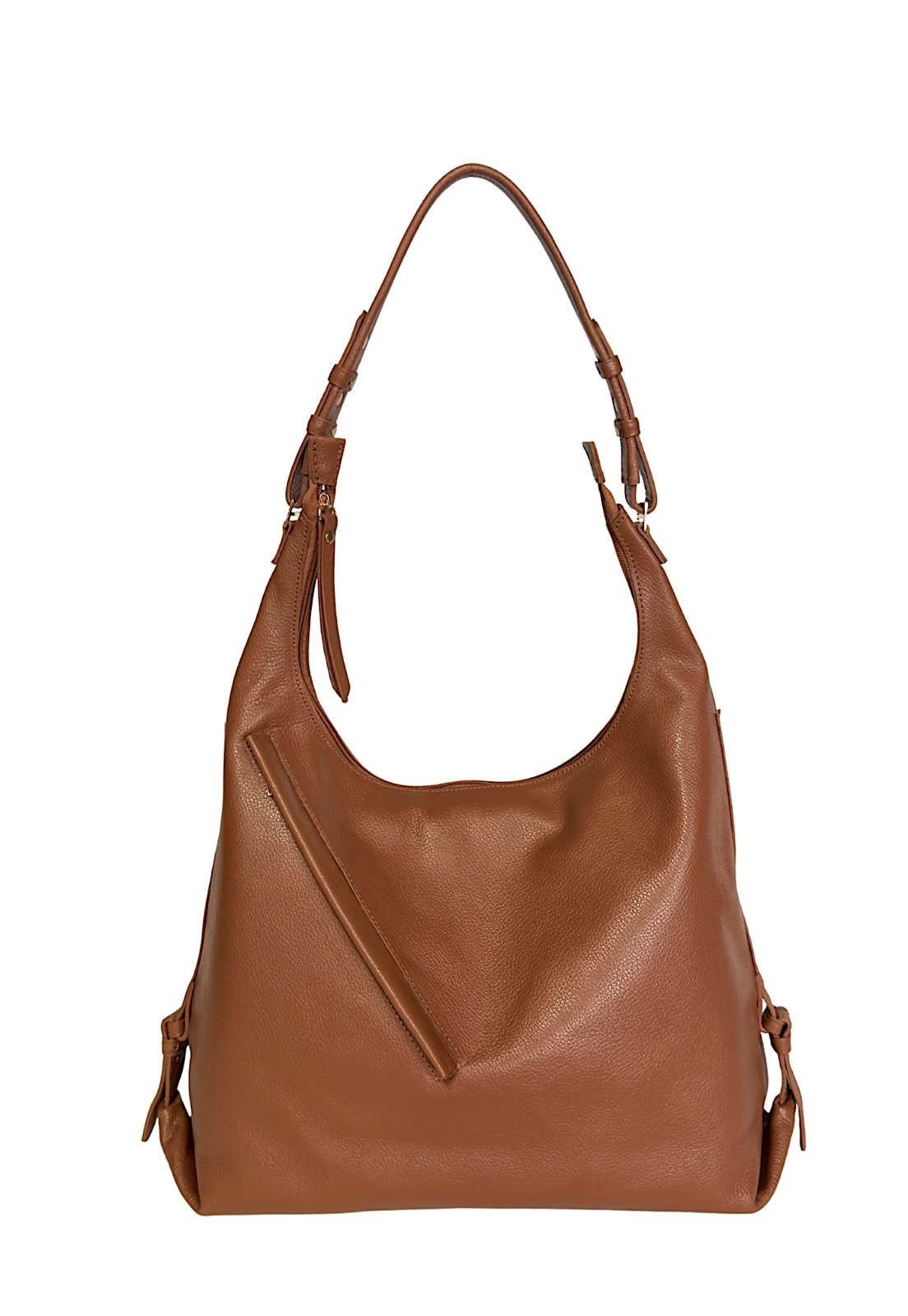 Bolsa Hobo em Couro Legítimo Caramelo com Bolso Diagonal e Cintas Laterais