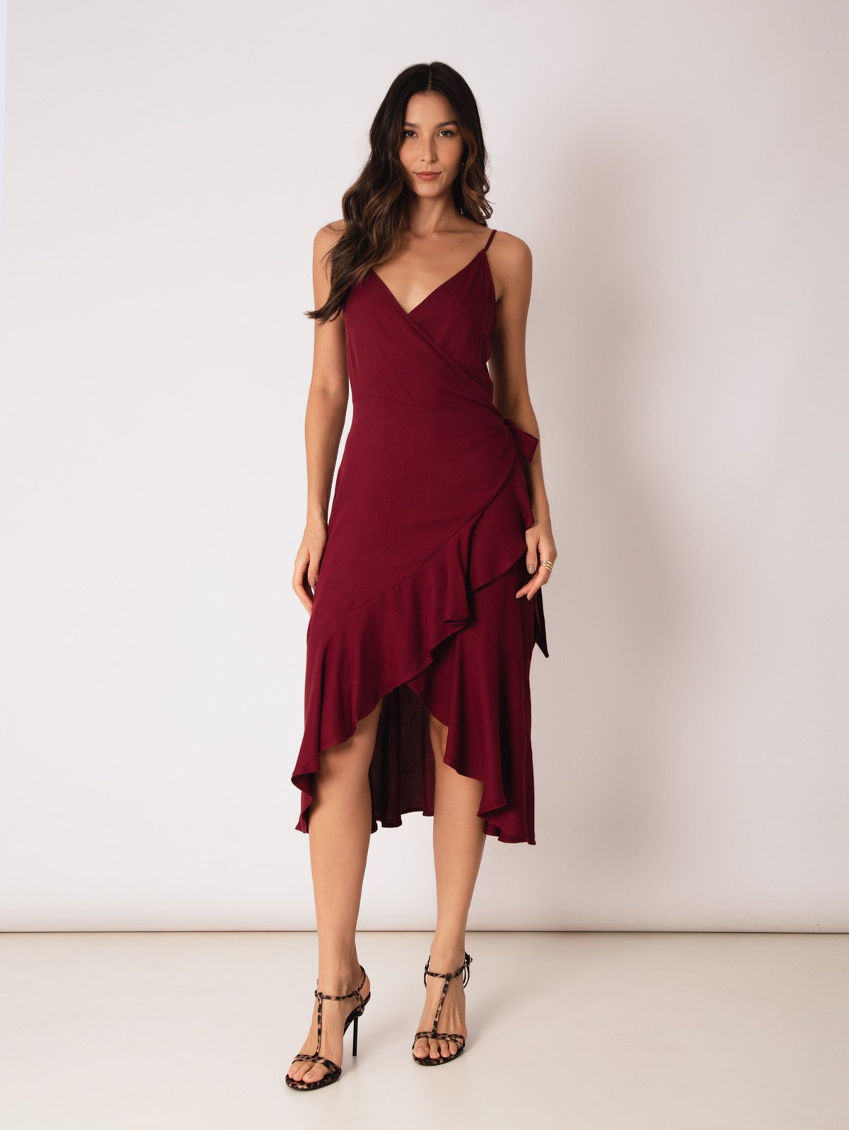 VESTIDO DECOTE V ALCINHA TRANSPASSADO VINHO