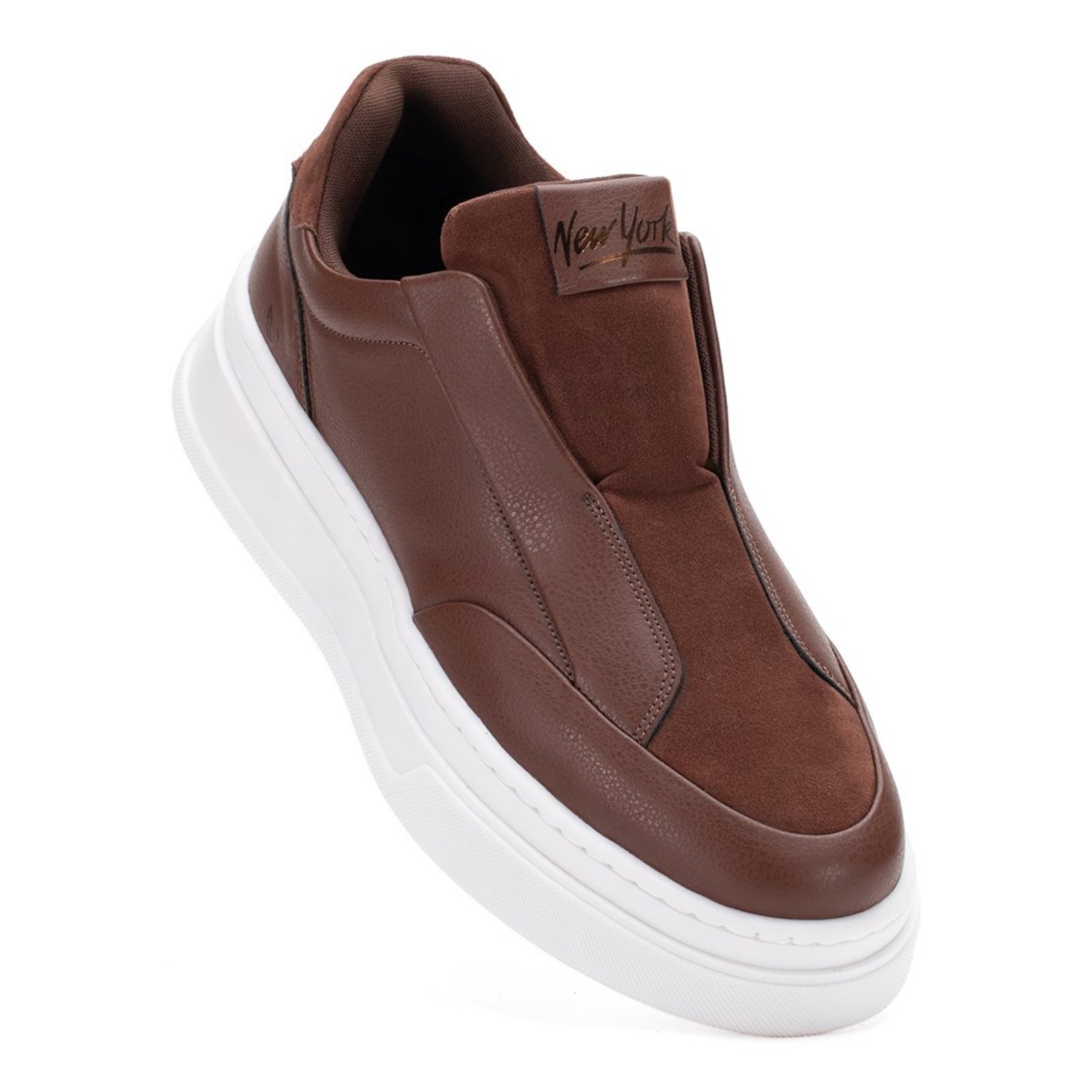 Tênis Masculino Casual Café Marrom Calça Fácil Slip On Iate Grande Sola Alta Street