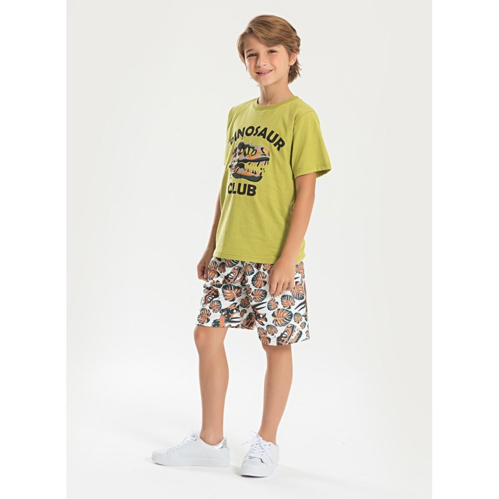 Infantil – Conjunto Verão Menino Verde Camiseta e Bermuda Com Cadarço Clube do Dino