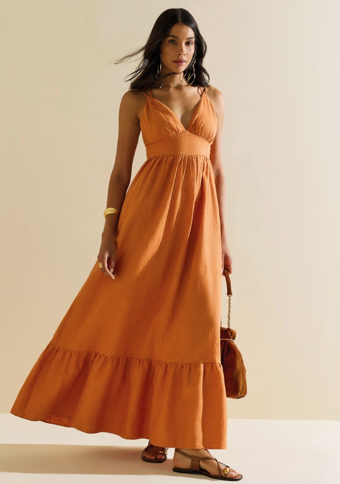 Vestido Morena Rosa Solto Decote V Com Alça Longo Laranja