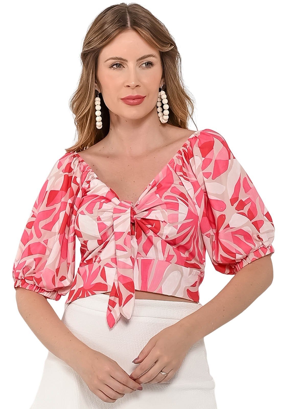 Blusa Bisô Amarração Estampada Rosa - Rosa