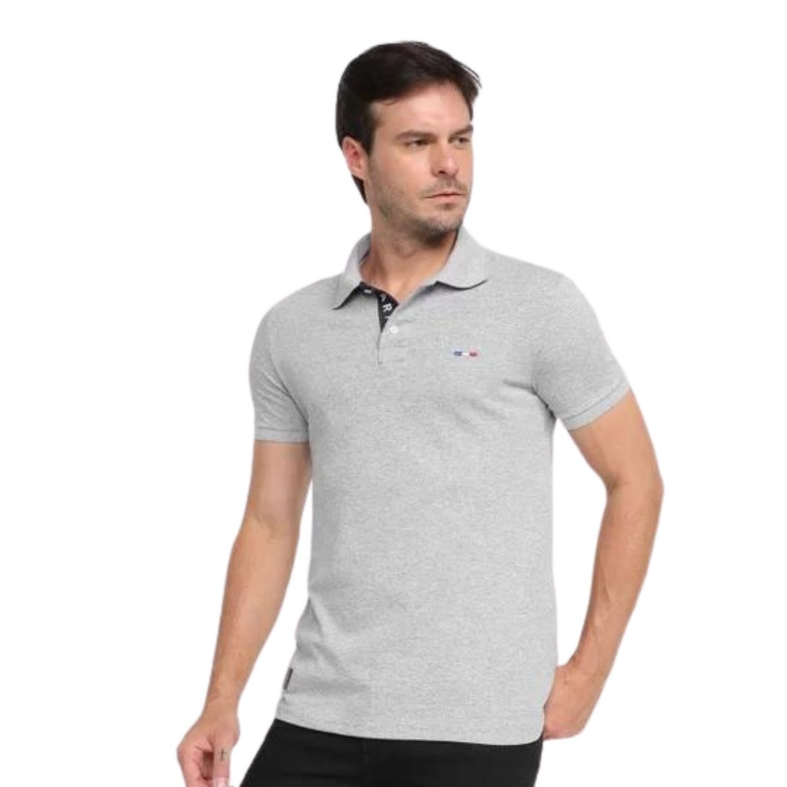 Vista 2 Camisa Polo FMF Masculina Básica Piquet no Estilo Tommy Bordado França cinza FMF cinza