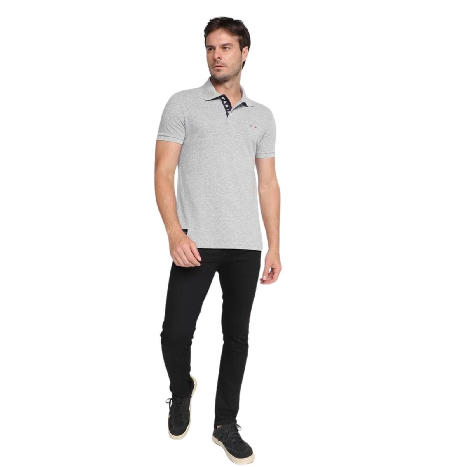 Vista 3 Camisa Polo FMF Masculina Básica Piquet no Estilo Tommy Bordado França cinza FMF cinza