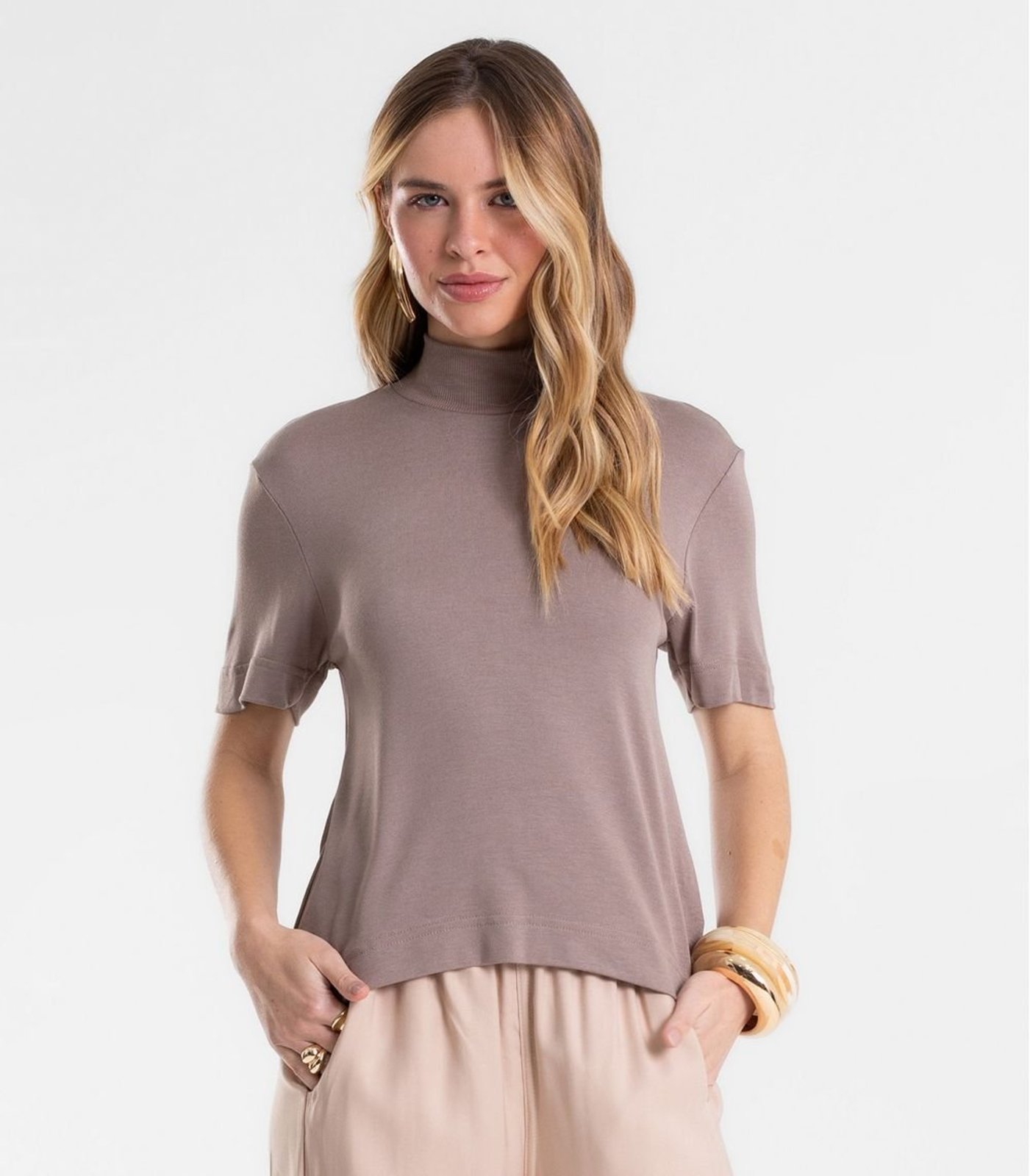 Blusa Feminina Gola Alta ViscoTrico Básica Endless Cinza