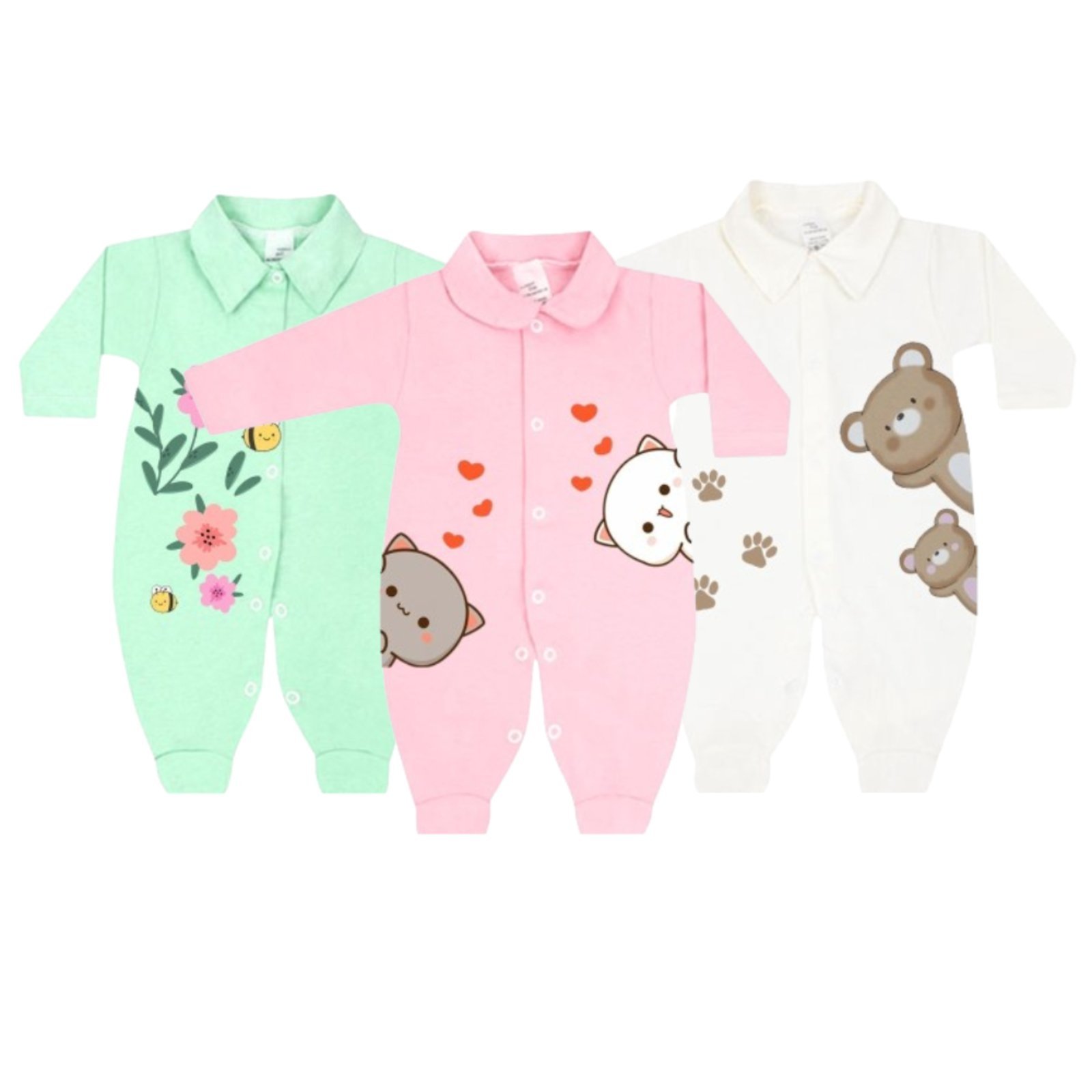 Infantil - Kit 3 Macacão Estampado Suedine Roupa Meninos e Meninas Rosa