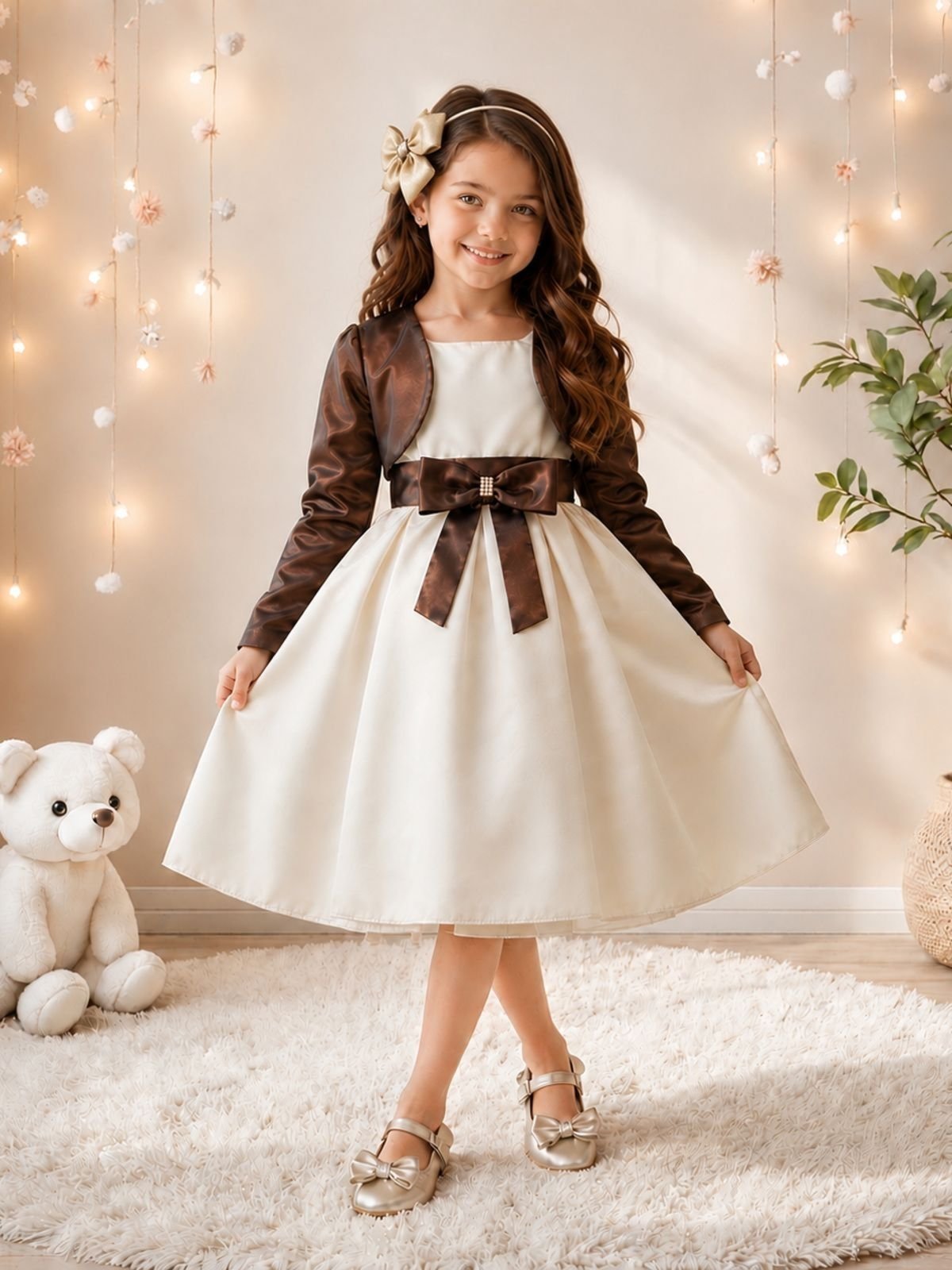 Infantil - Vestido Festa Marfim Creme Marrom Camurça com Bolero Formatura Casamento Princesa Social Rodado Aniversário Luxo Menina Juvenil