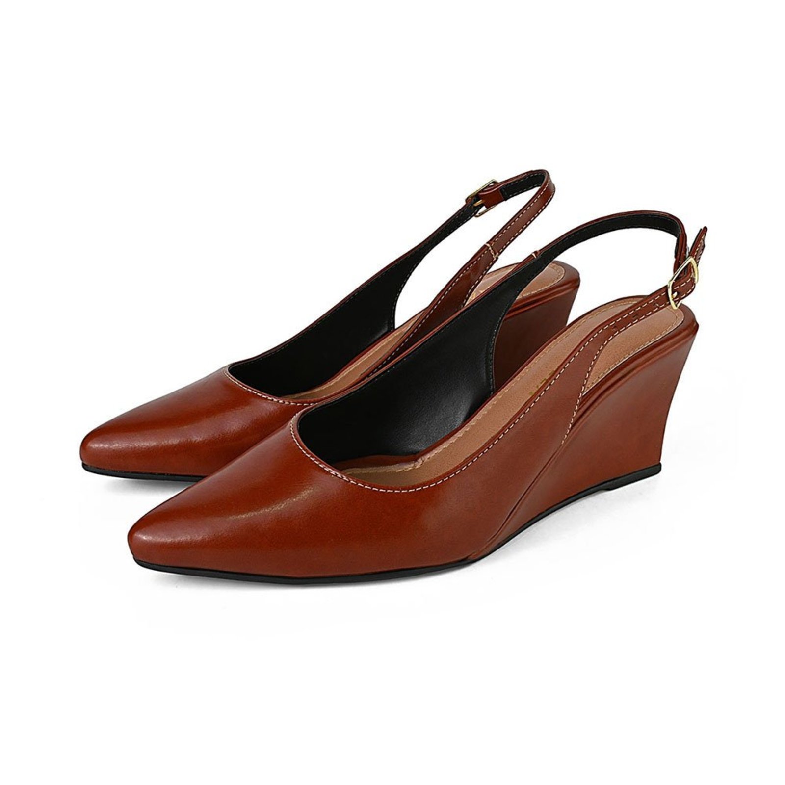 Sapato Scarpin Feminino Donatella Shoes Bico Fino Bico Fino Anabela Aberta Slingback Fivela Caramelo