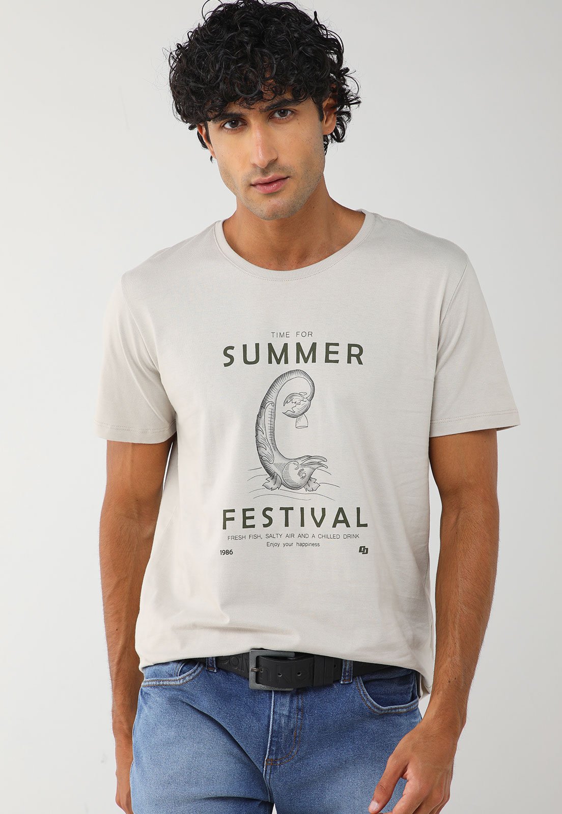 Camiseta Masculina Colcci Estampa Summer Festival Bege