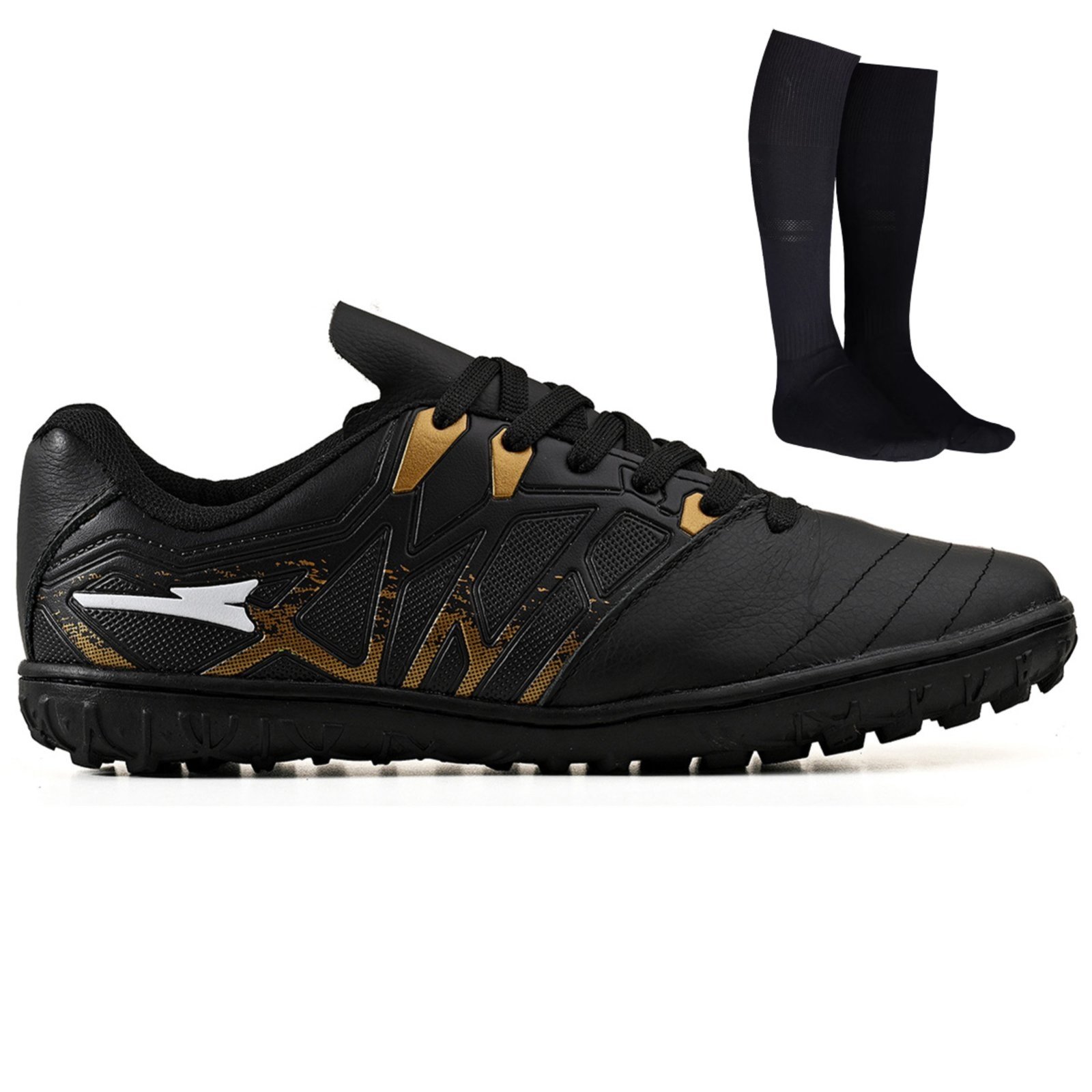 Vista 2 Chuteira de Futebol Society Masculina Para Grama Sintetica Bico Reforçado em Couro + Meião CALCADOS LGHT LIGHT preto CALCADOS LGHT LIGHT preto