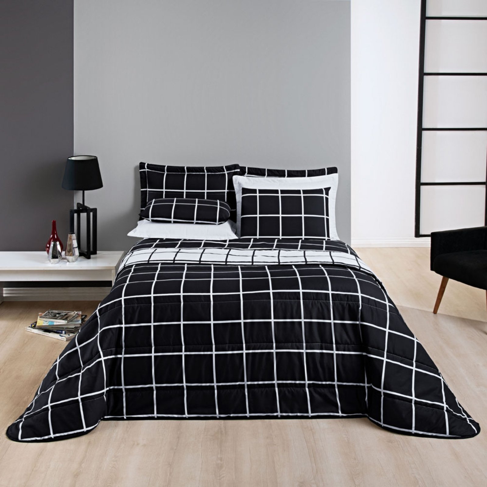 Kit Cobre Leito Colcha Casa Scarpa Brooklyn Casal Quadriculado Micropercal 200 Fios 3 Peças - Preto