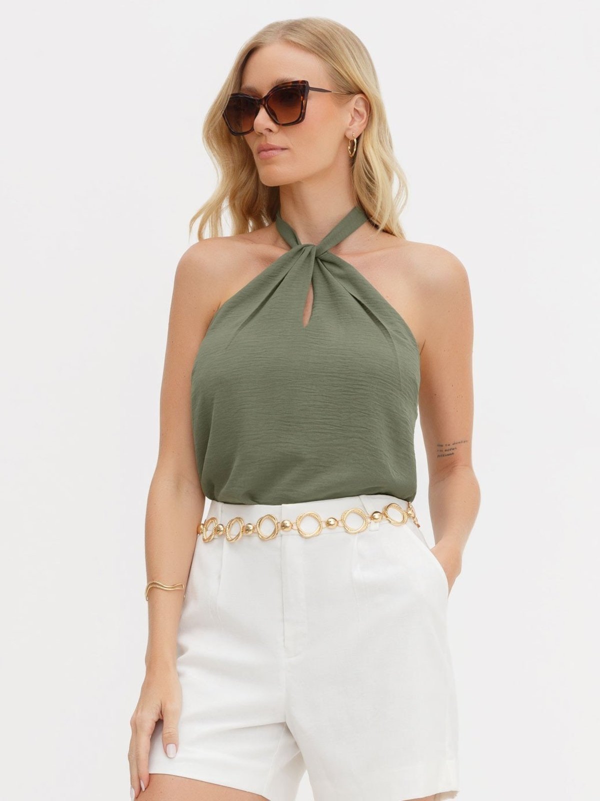 Blusa Frente Única em Crepe Verde Oliva Petra
