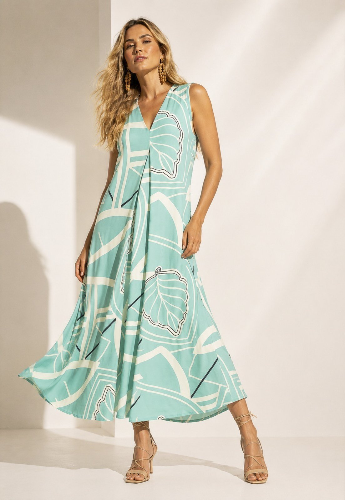 Vestido CabanaFree Longo Acará Malha Estampa Aqua Flora