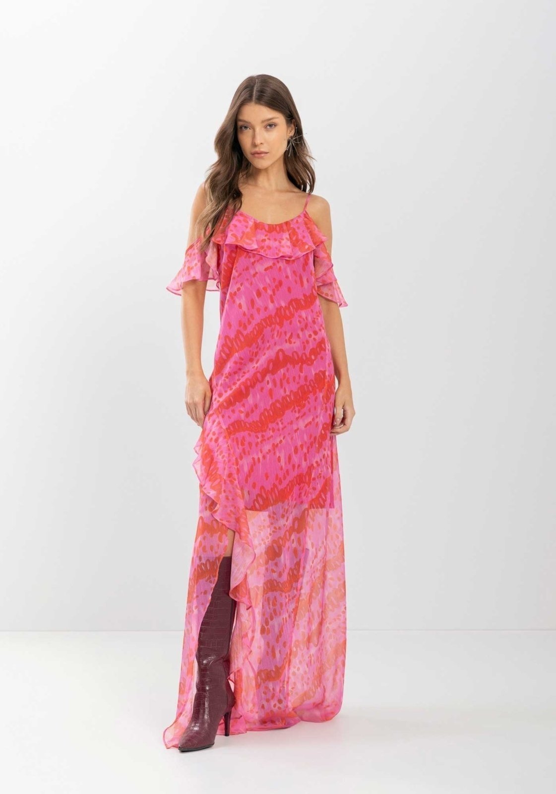 Vestido Longo De Alças Com Babados E Transparência