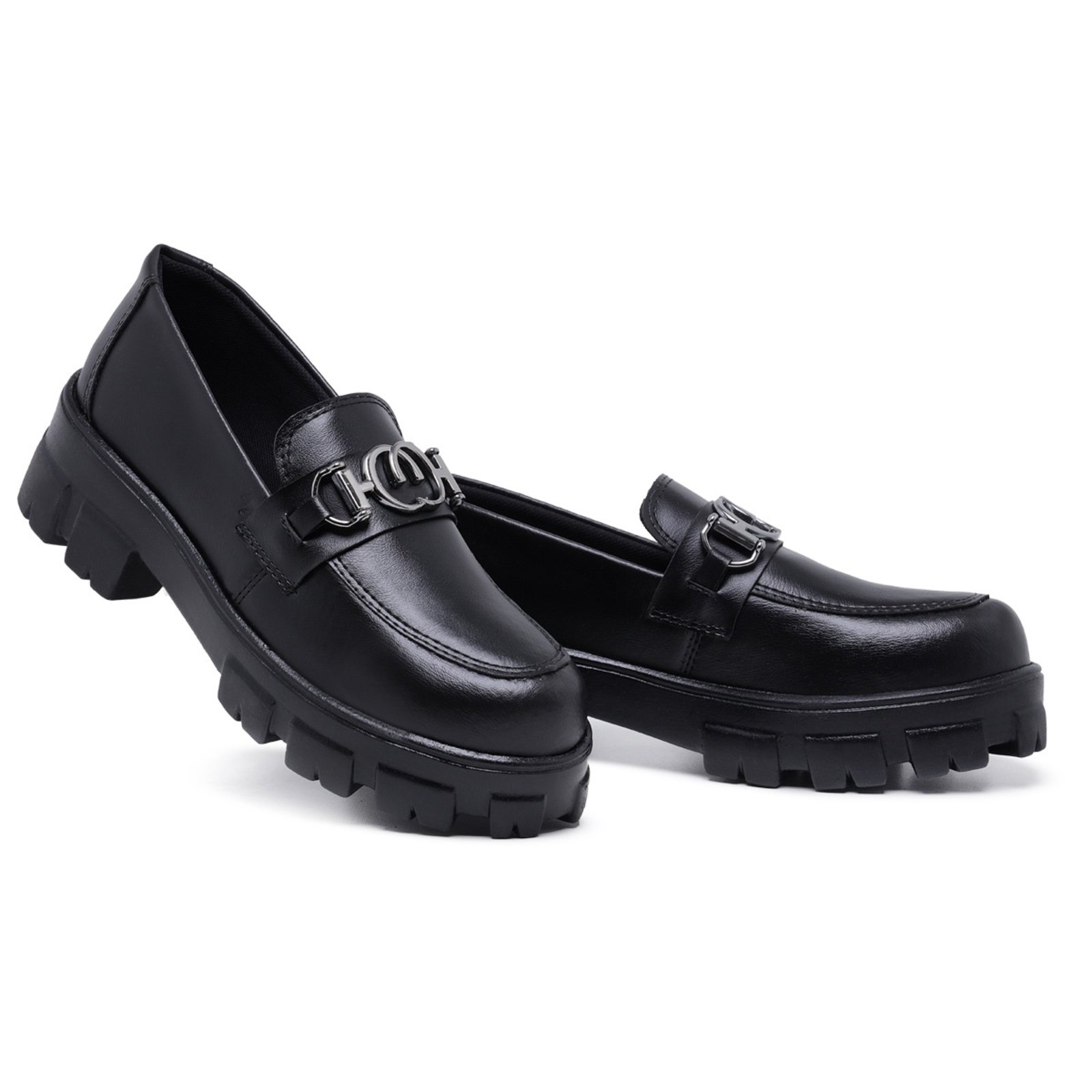 Mocassim Feminino Tratorado Preto Bridão Fivela Prata Santa Rosa