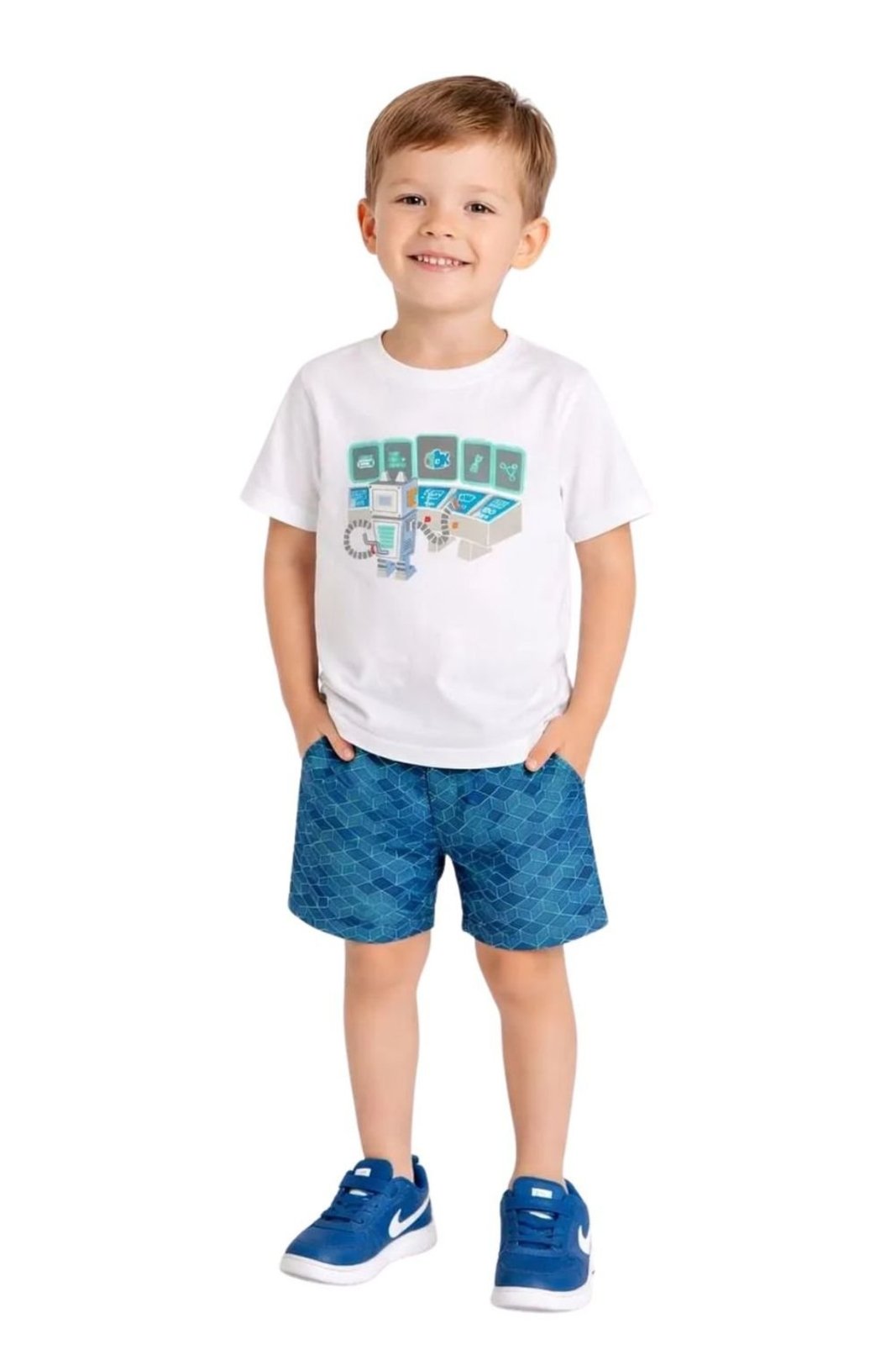 Infantil - Conjunto Menino Robot Alphabeto Branco e Marinho Branco