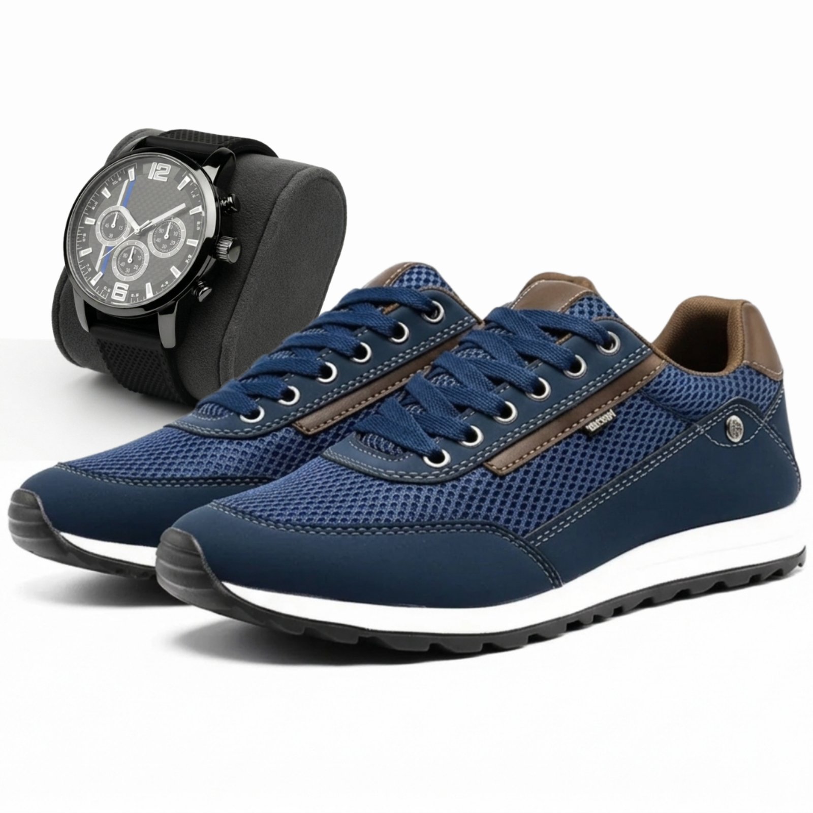 Kit Sapatênis Masculino Tênis Casual Jogging Dia a Dia Com Relógio Ponteiro Marinho