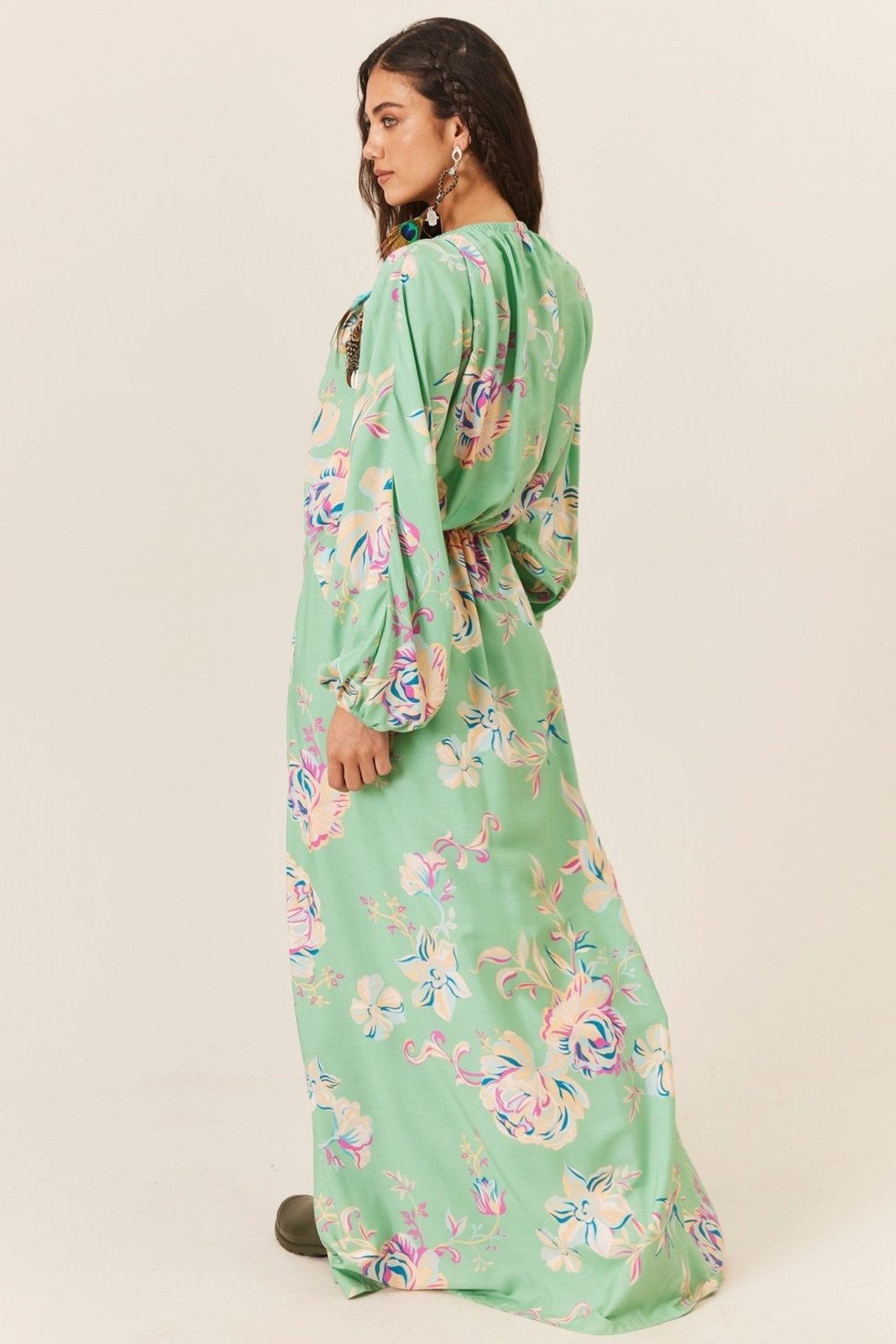 Vestido Longo Decote V Verde Claro Estampado Yacamim D5 - Estampado