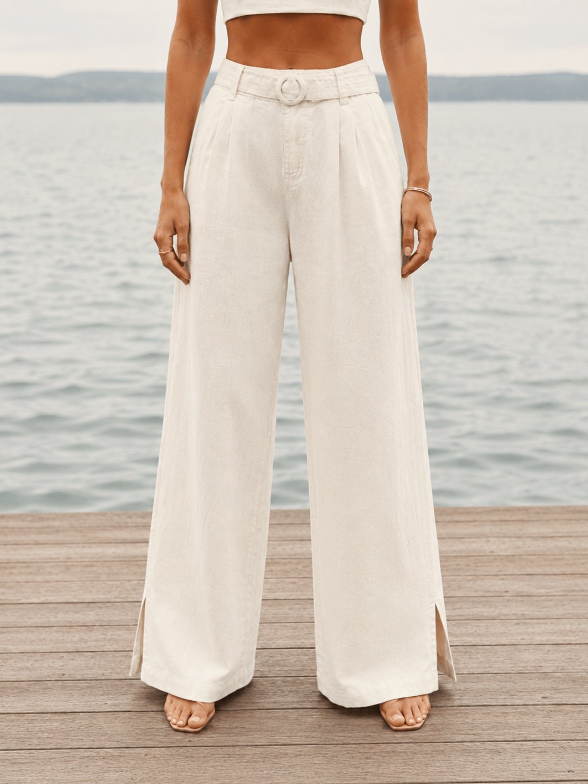 Calça Wide Leg Linho Off White Cintura Alta C/ Cinto Branco
