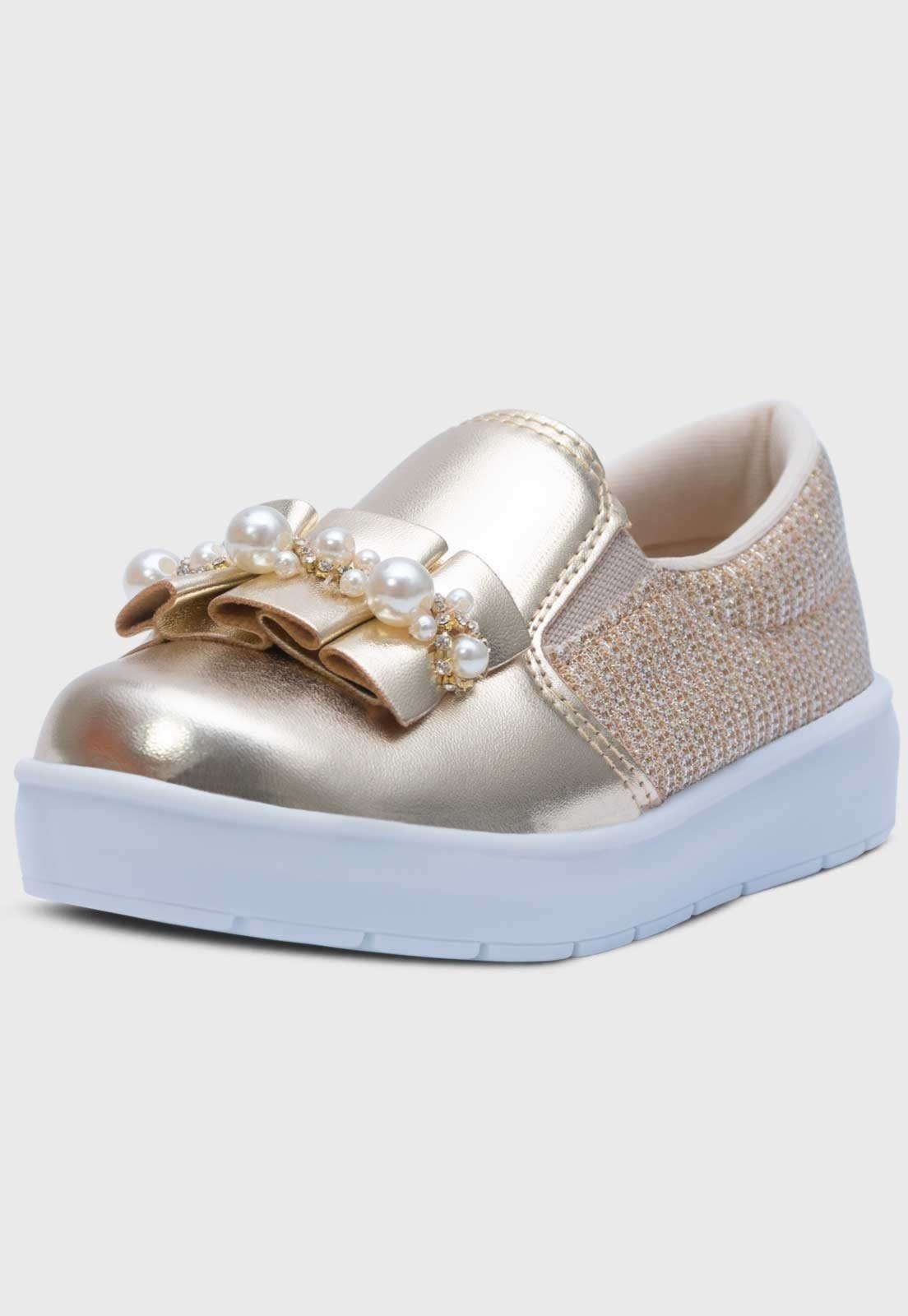 Infantil – Tenis Slip On Feminino Popidi Laço Perola Sanfonado Dourado