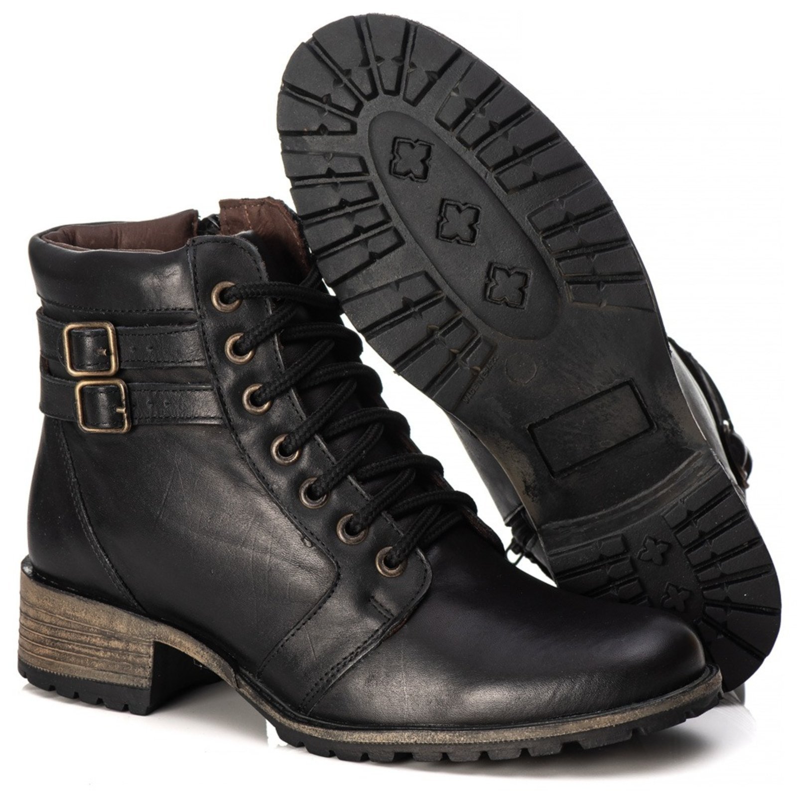 BOTA COTURNO FEMININO DE COURO, SOLA TRATORADA, MARCA: KAUANY CALÇADOS REF.:2000 Preto