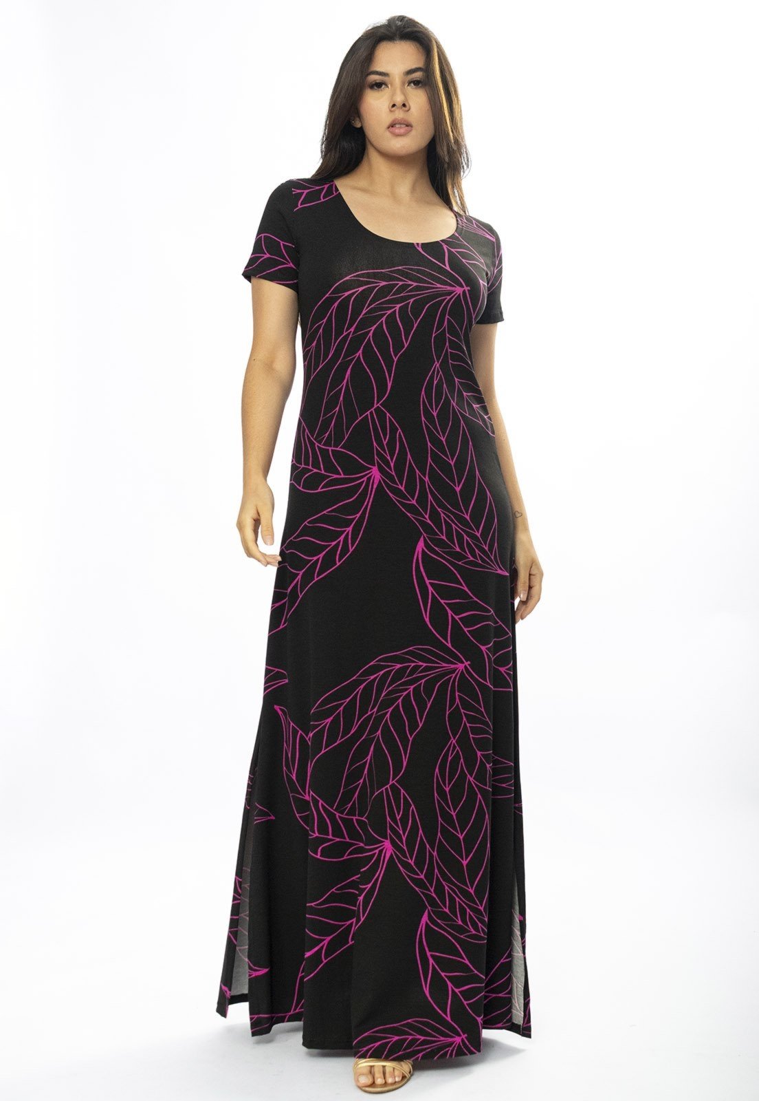 Vestido Longo Cabanafree Malha Gola Canoa Manga Curta Estampa Antúrios Lilás