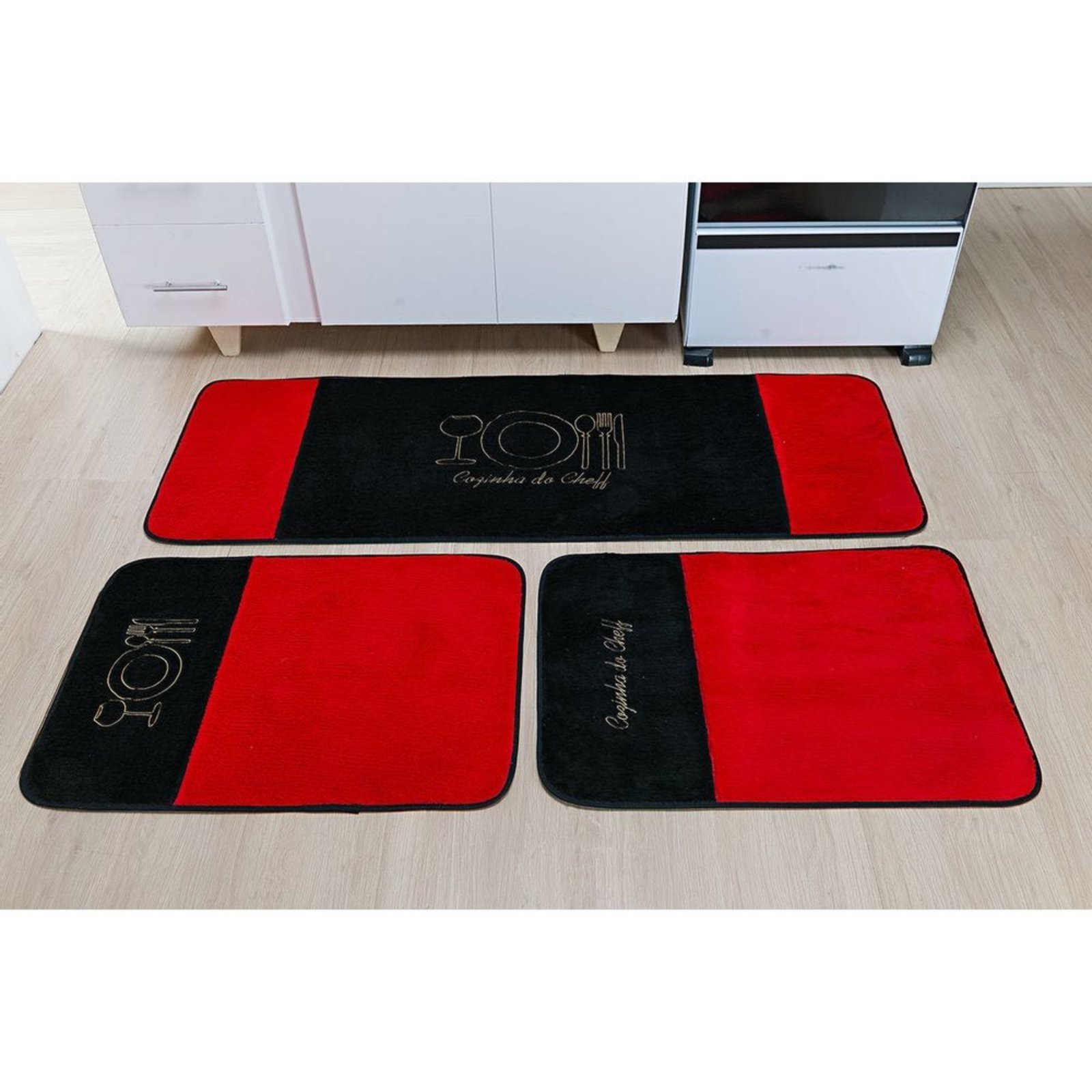 Kit de Tapetes para Cozinha com 3 Peças - Talheres Vermelho