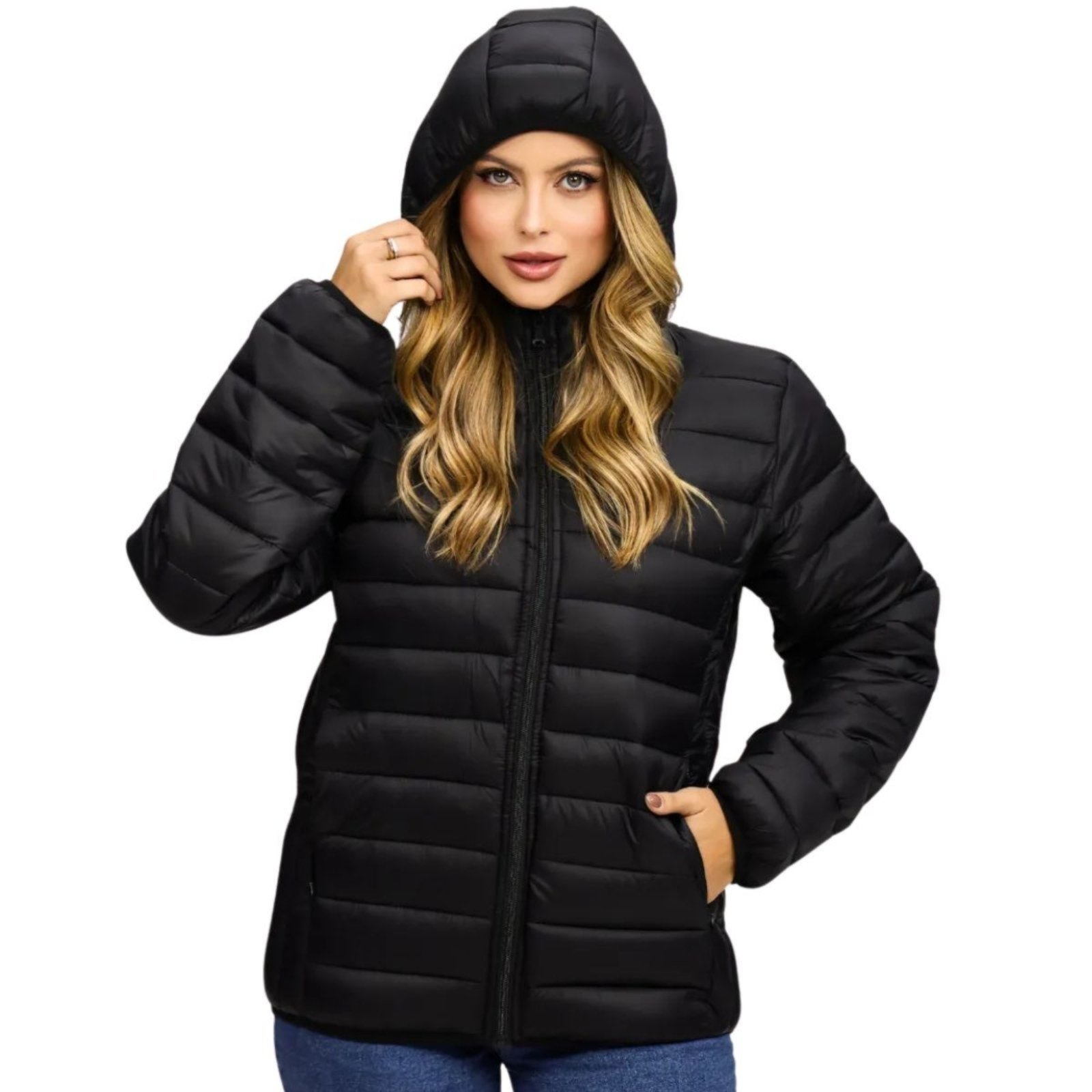 Jaqueta Feminina Puffer Nylon FMF Peluciada Isolamento Térmico Blusa de Frio Preto